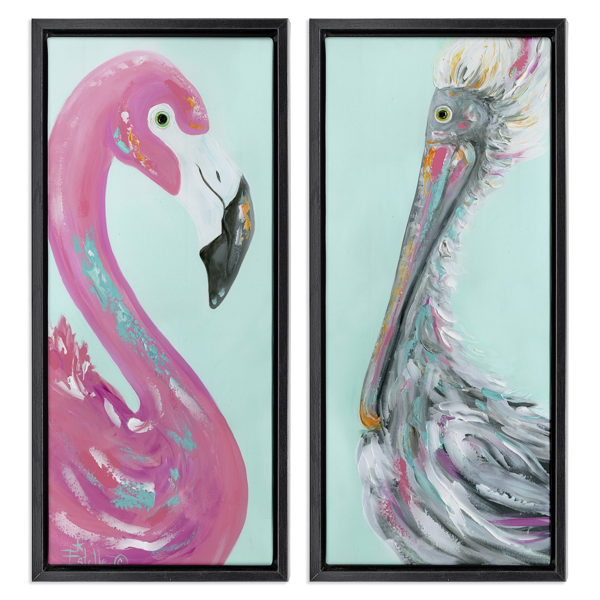 Stupell Industries Odd Flamingo Pelican Profile Animals Painting Black Floater Framed Canvas Art Print Wall Art, 14 x 31, Set of 2