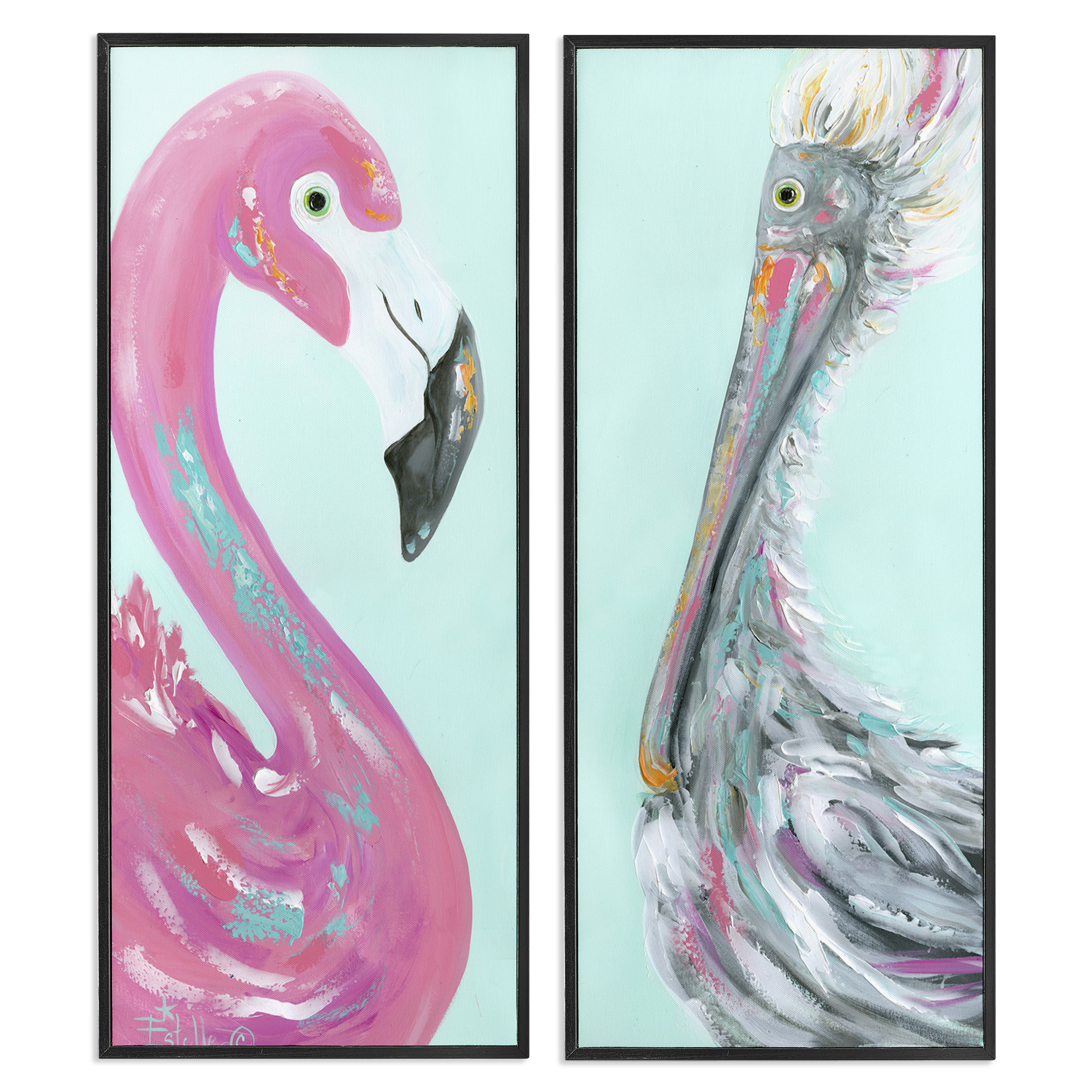 Stupell Industries Odd Flamingo Pelican Profile Animals Painting Black Framed Art Print Wall Art, 13 x 30, Set of 2