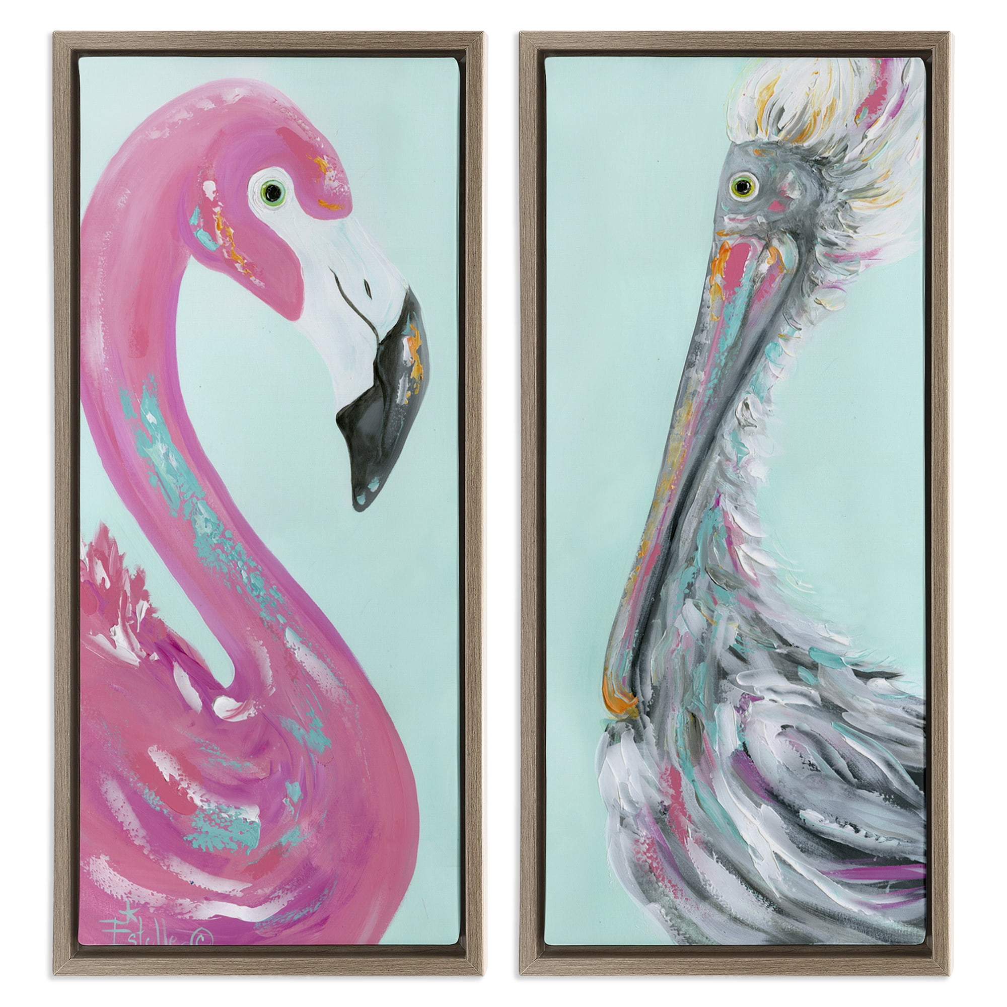 Stupell Industries Odd Flamingo Pelican Profile Animals Painting Brown Floater Framed Canvas Art Print Wall Art, 14 x 31, Set of 2