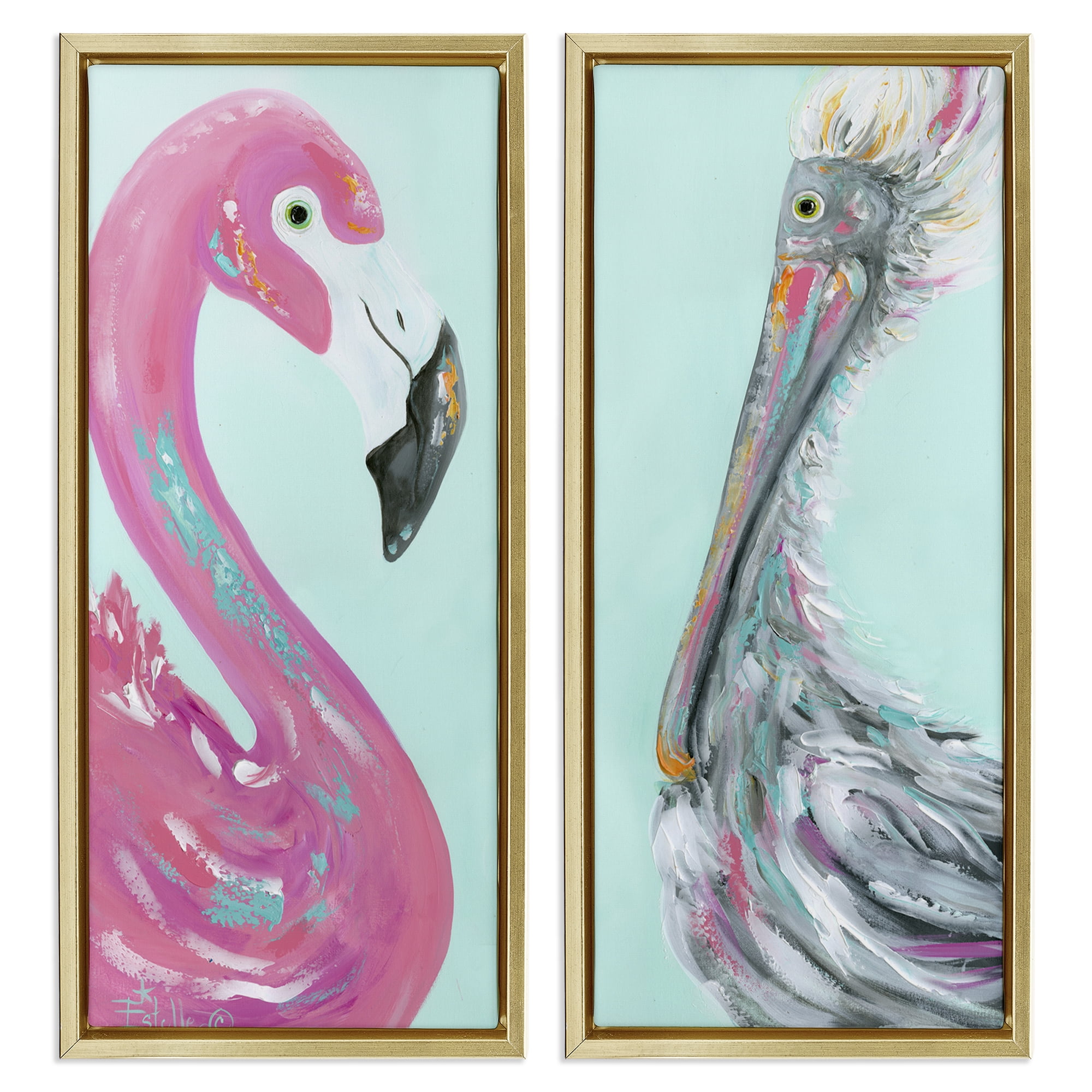 Stupell Industries Odd Flamingo Pelican Profile Animals Painting Gold Floater Framed Canvas Art Print Wall Art, 11 x 25, Set of 2