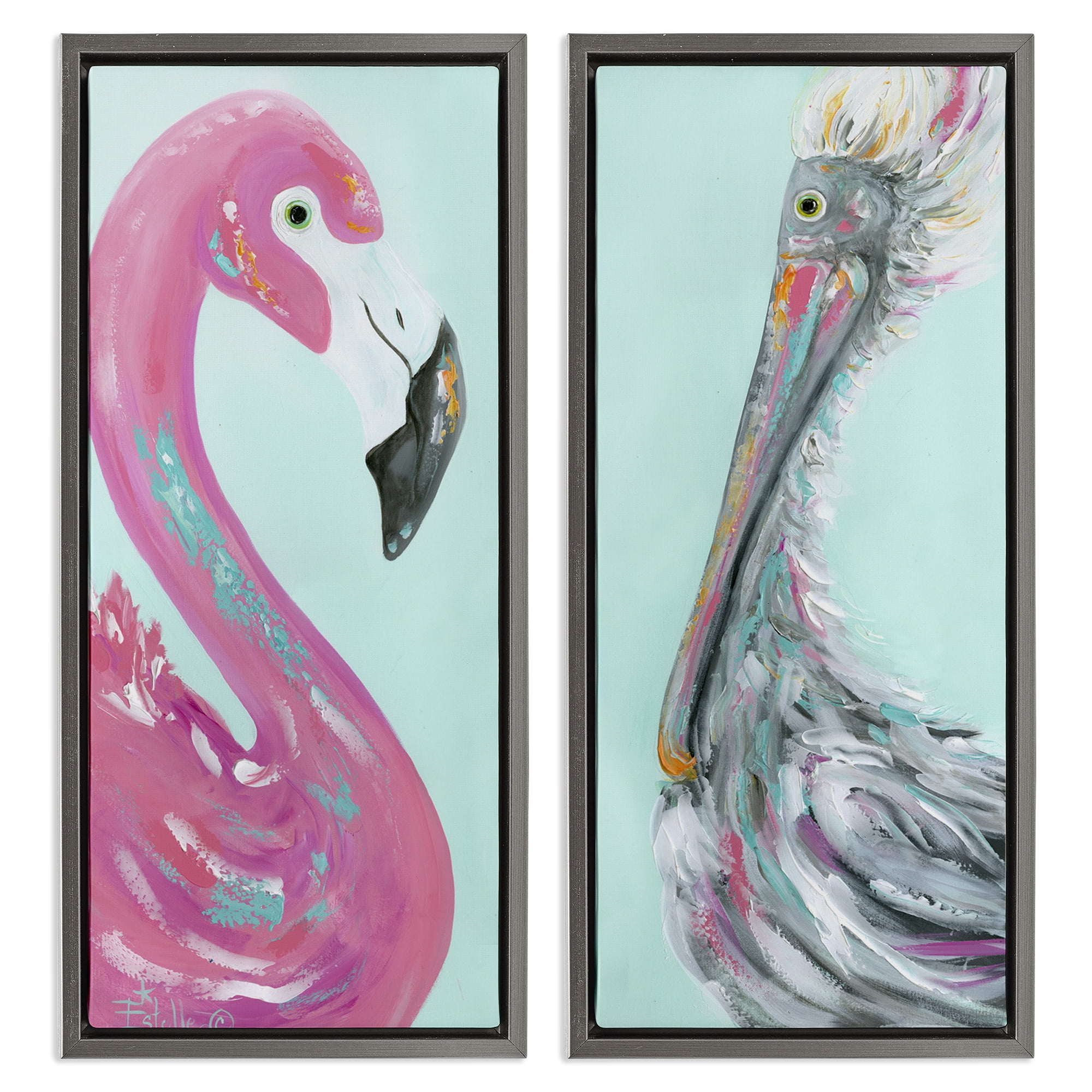 Stupell Industries Odd Flamingo Pelican Profile Animals Painting Gray Floater Framed Canvas Art Print Wall Art, 11 x 25, Set of 2