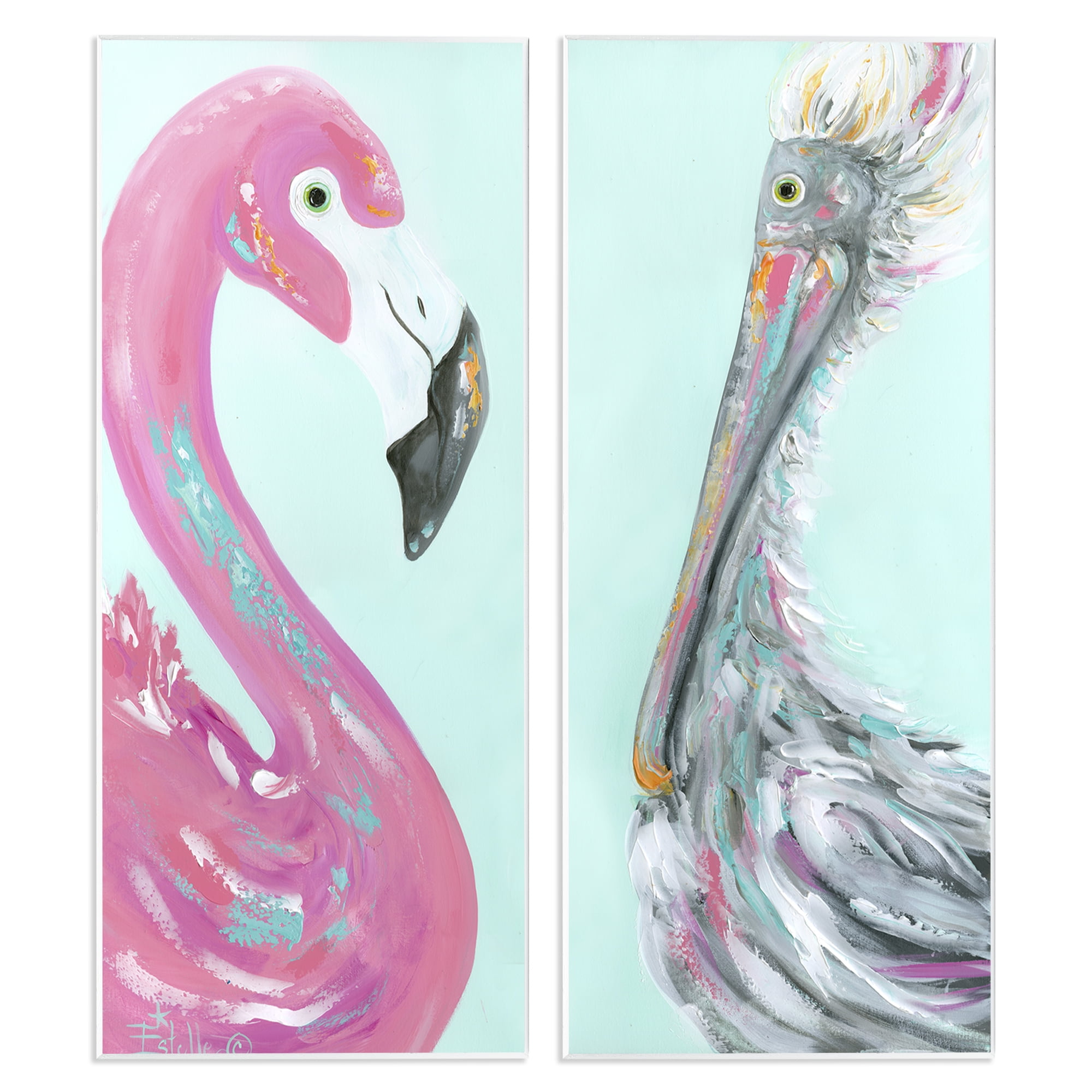 Stupell Industries Odd Flamingo Pelican Profile Animals Painting Unframed Art Print Wall Art, 7 x 17, Set of 2