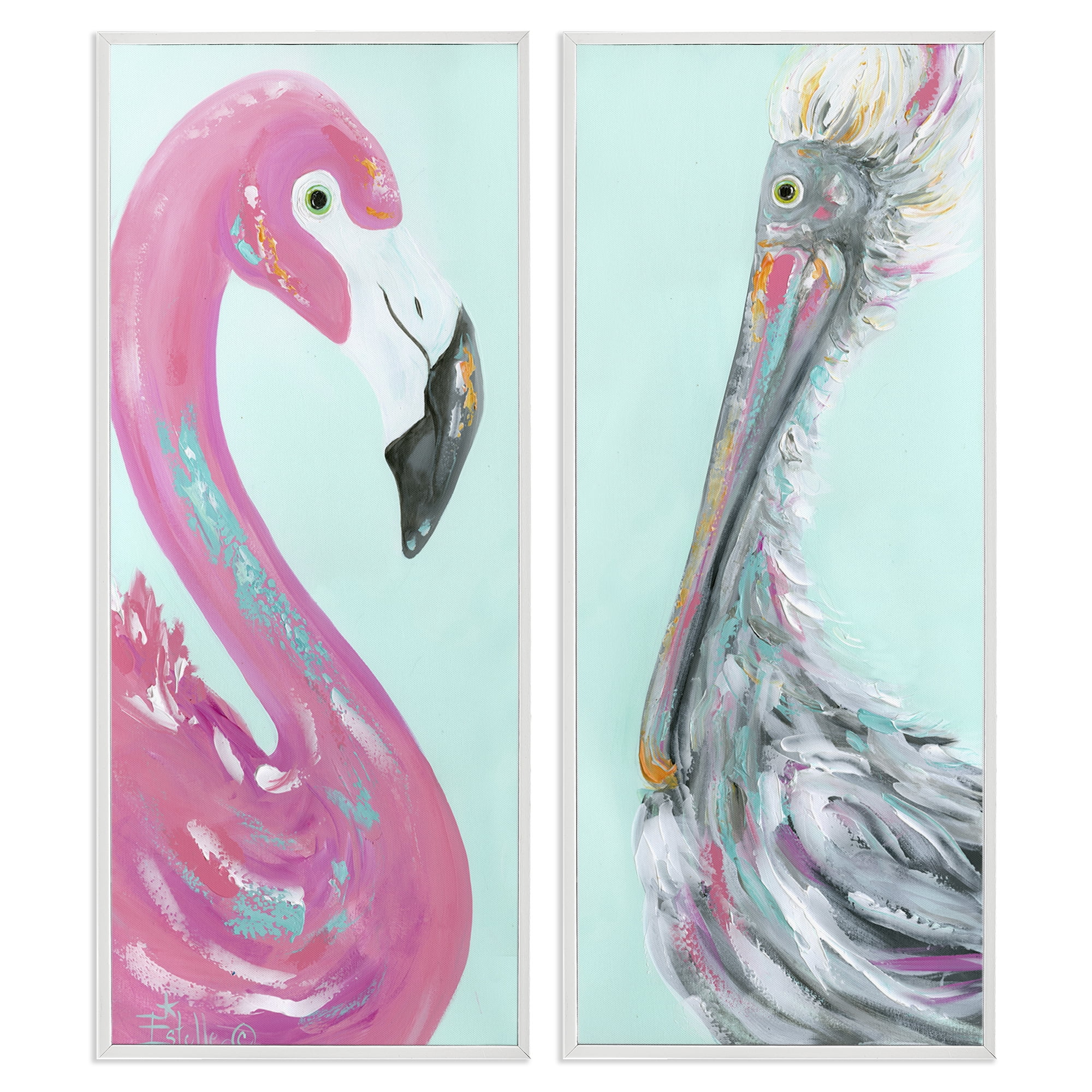 Stupell Industries Odd Flamingo Pelican Profile Animals Painting White Framed Art Print Wall Art, 13 x 30, Set of 2
