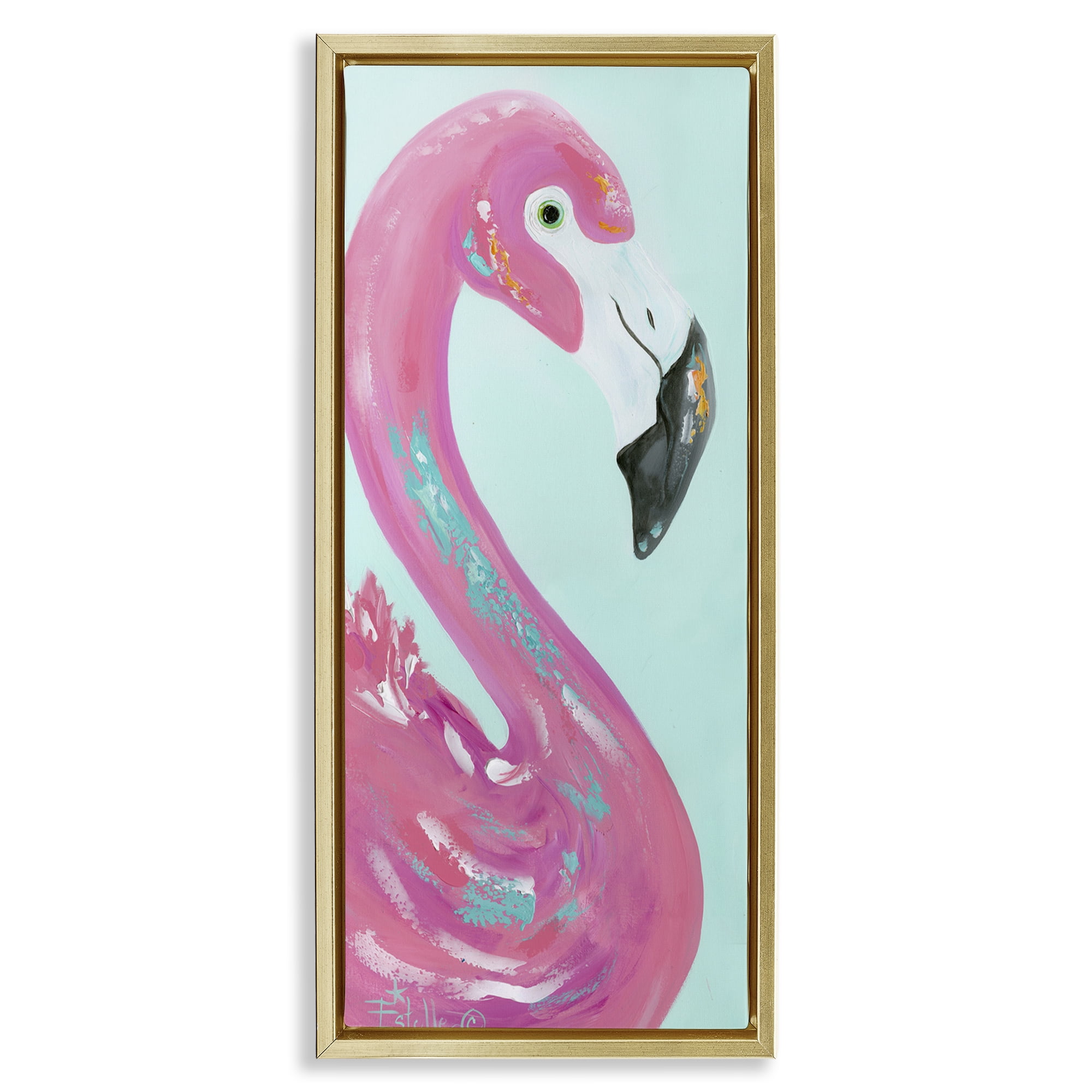 Stupell Industries Odd Flamingo Portrait Animals & Insects Painting Gold Floater Framed Art Print Wall Art, 11 x 25