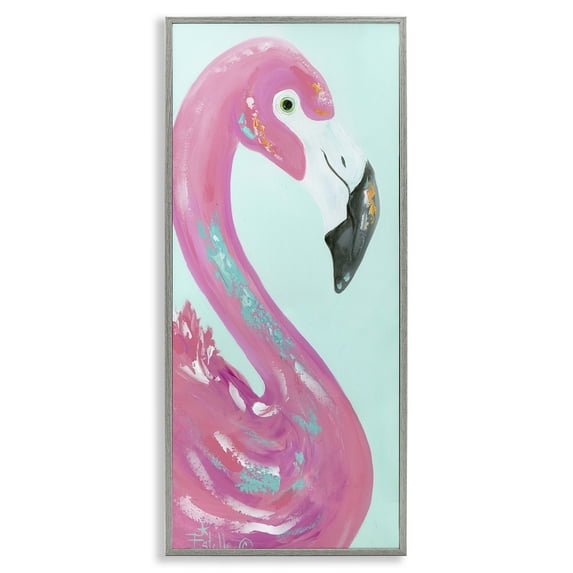 Stupell Industries Odd Flamingo Portrait Animals & Insects Painting Gray Framed Art Print Wall Art, 10 x 24