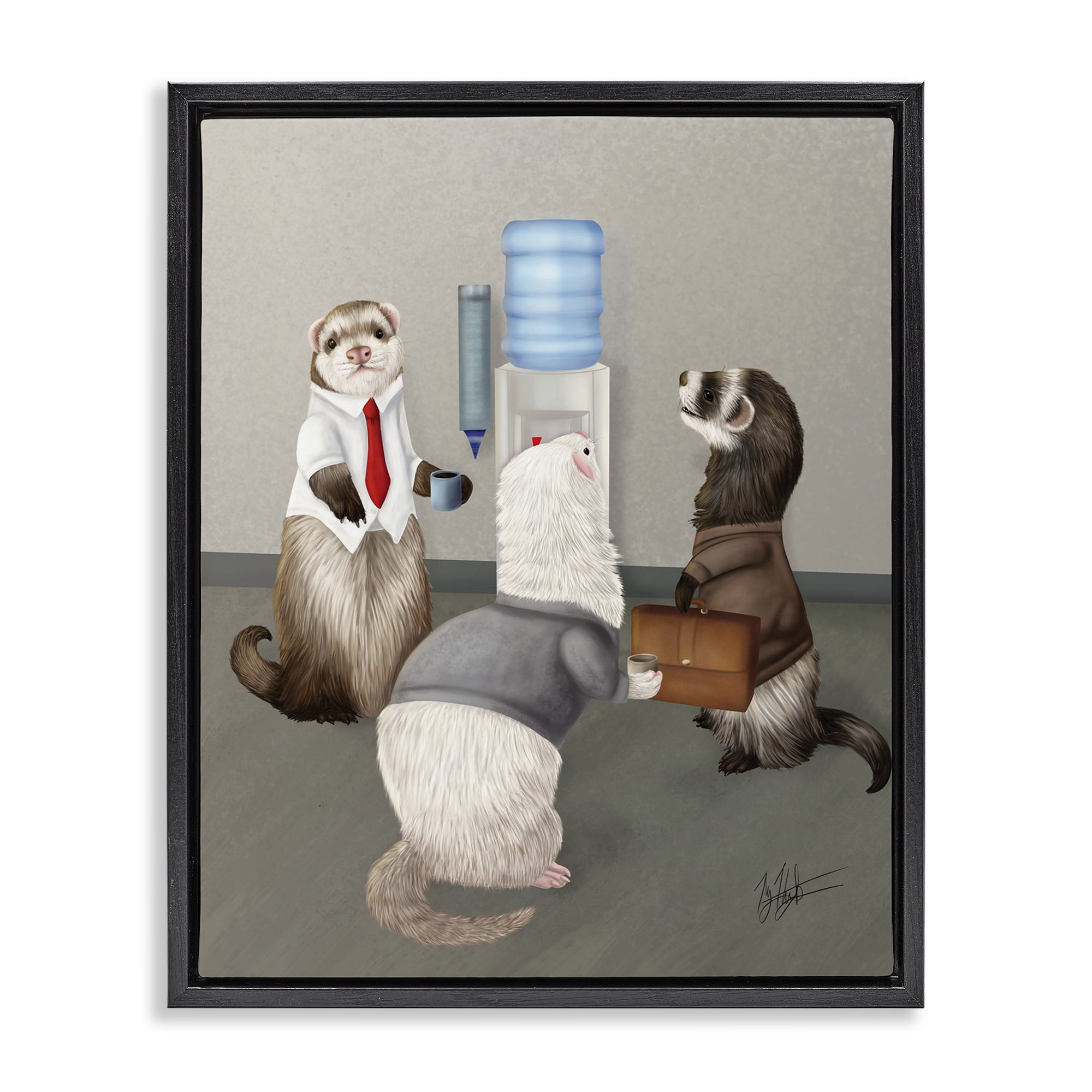 Stupell Industries Office Ferrets Water Cooler Animals & Insects Painting Black Floater Framed Canvas Art Print Wall Art, 17 x 21