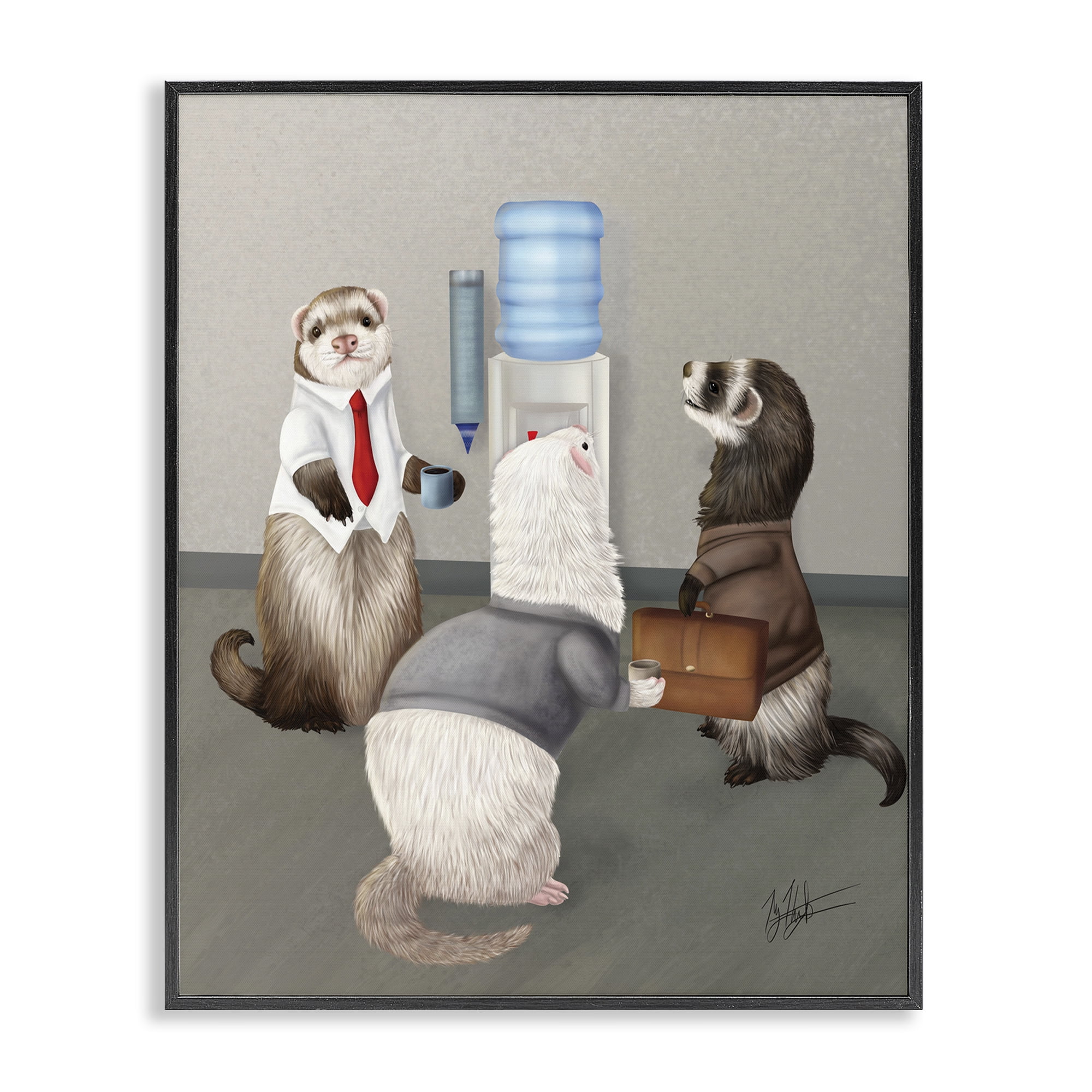Stupell Industries Office Ferrets Water Cooler Animals & Insects Painting Black Framed Art Print Wall Art, 16 x 20