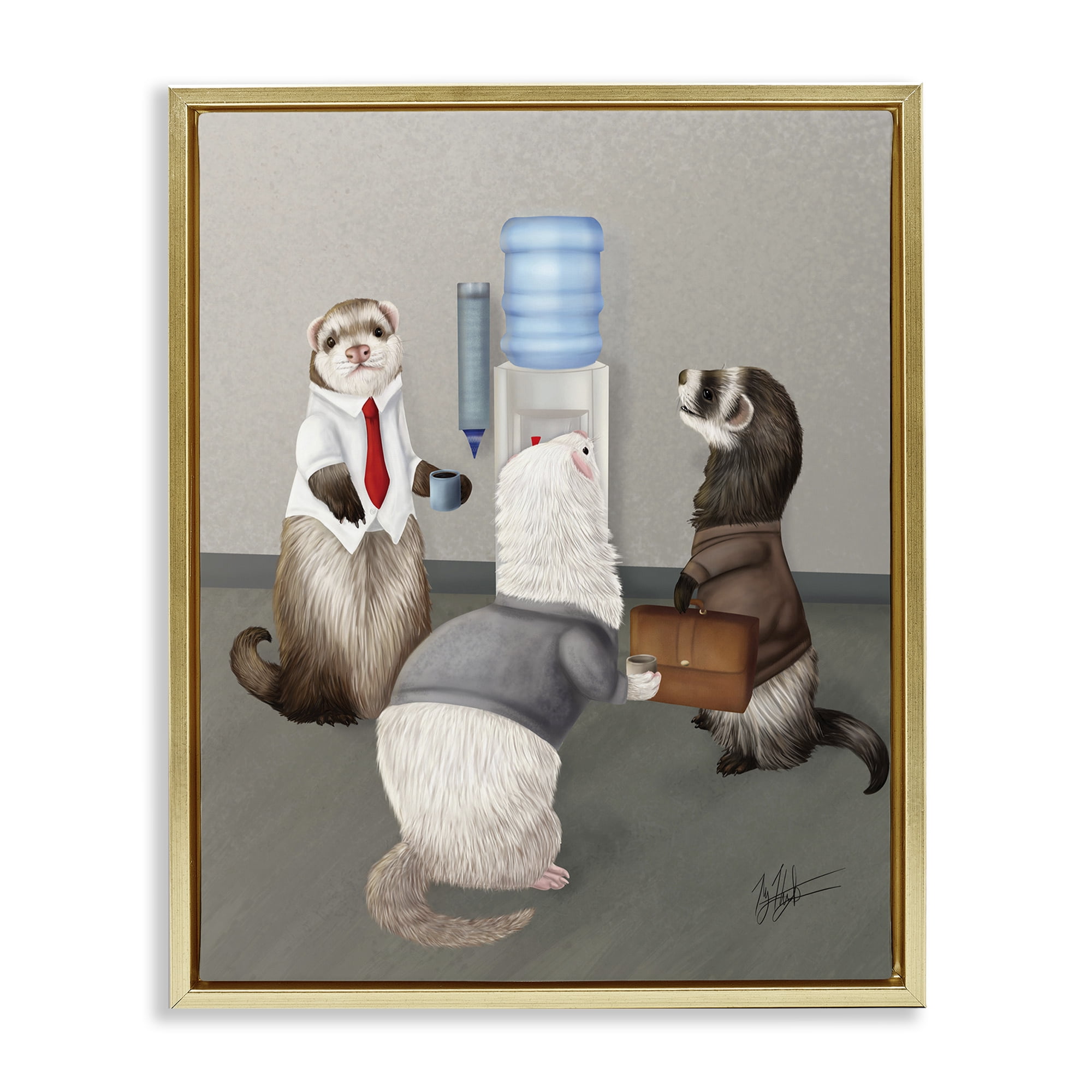 Stupell Industries Office Ferrets Water Cooler Animals & Insects Painting Gold Floater Framed Canvas Art Print Wall Art, 17 x 21