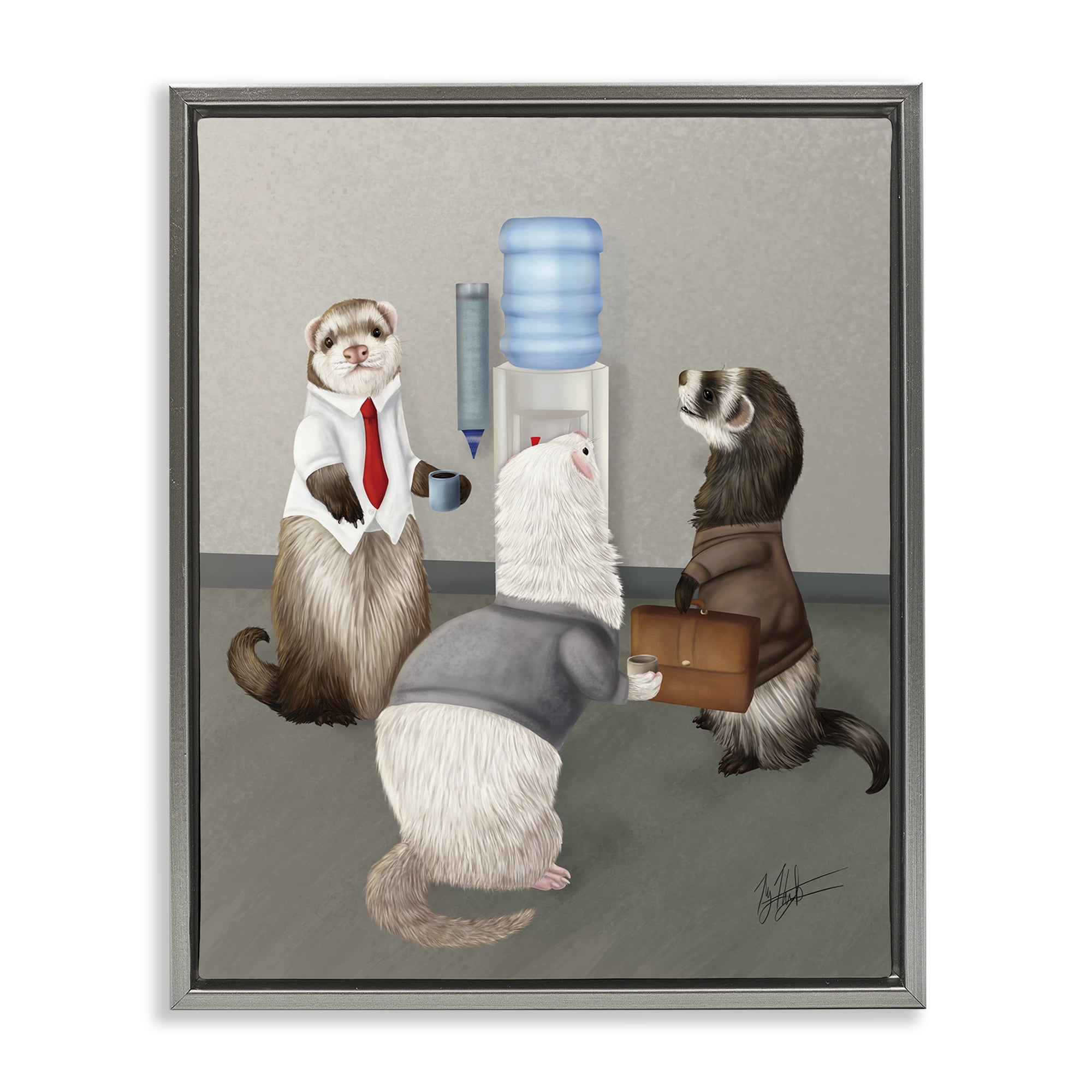 Stupell Industries Office Ferrets Water Cooler Animals & Insects Painting Gray Floater Framed Canvas Art Print Wall Art, 17 x 21