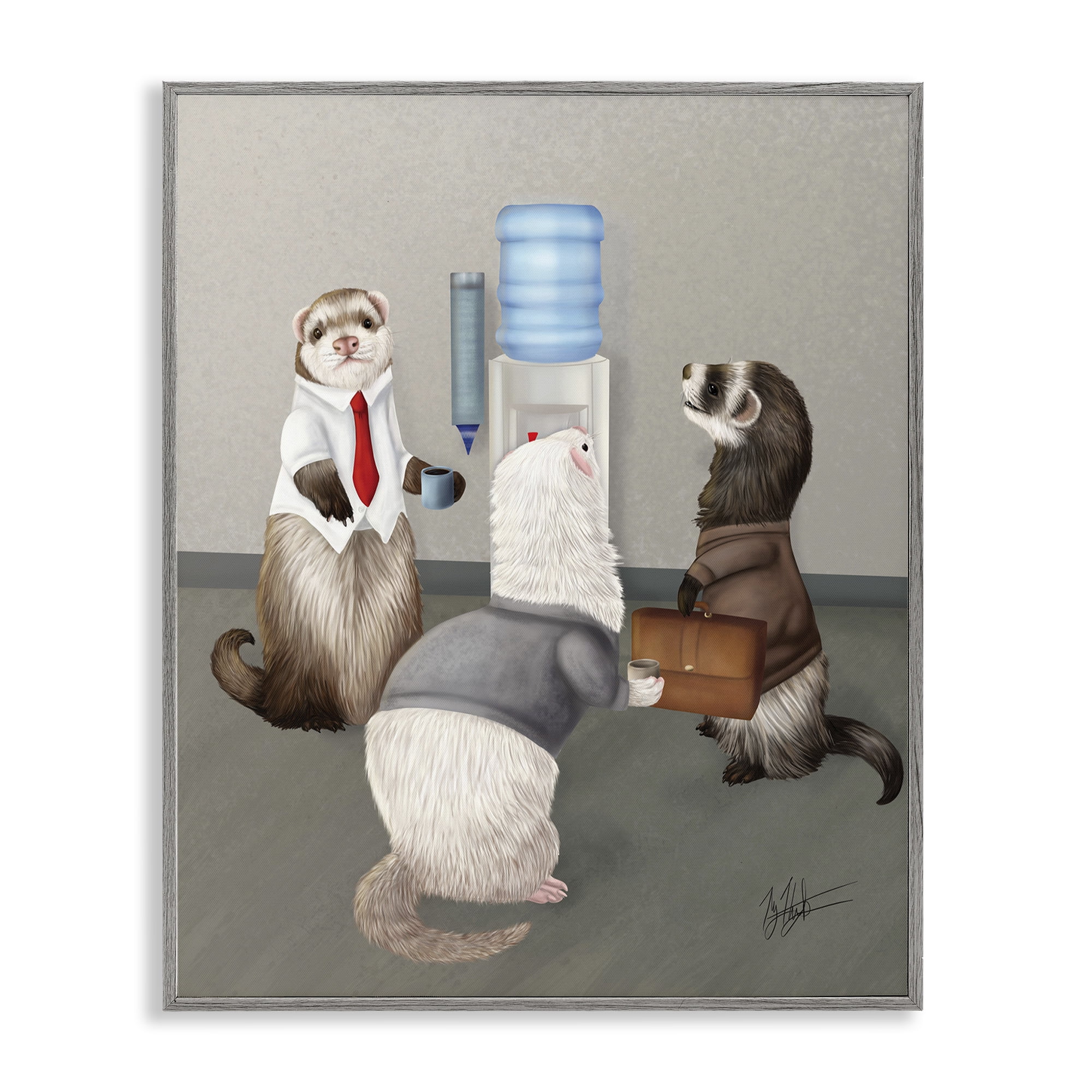 Stupell Industries Office Ferrets Water Cooler Animals & Insects Painting Gray Framed Art Print Wall Art, 16 x 20