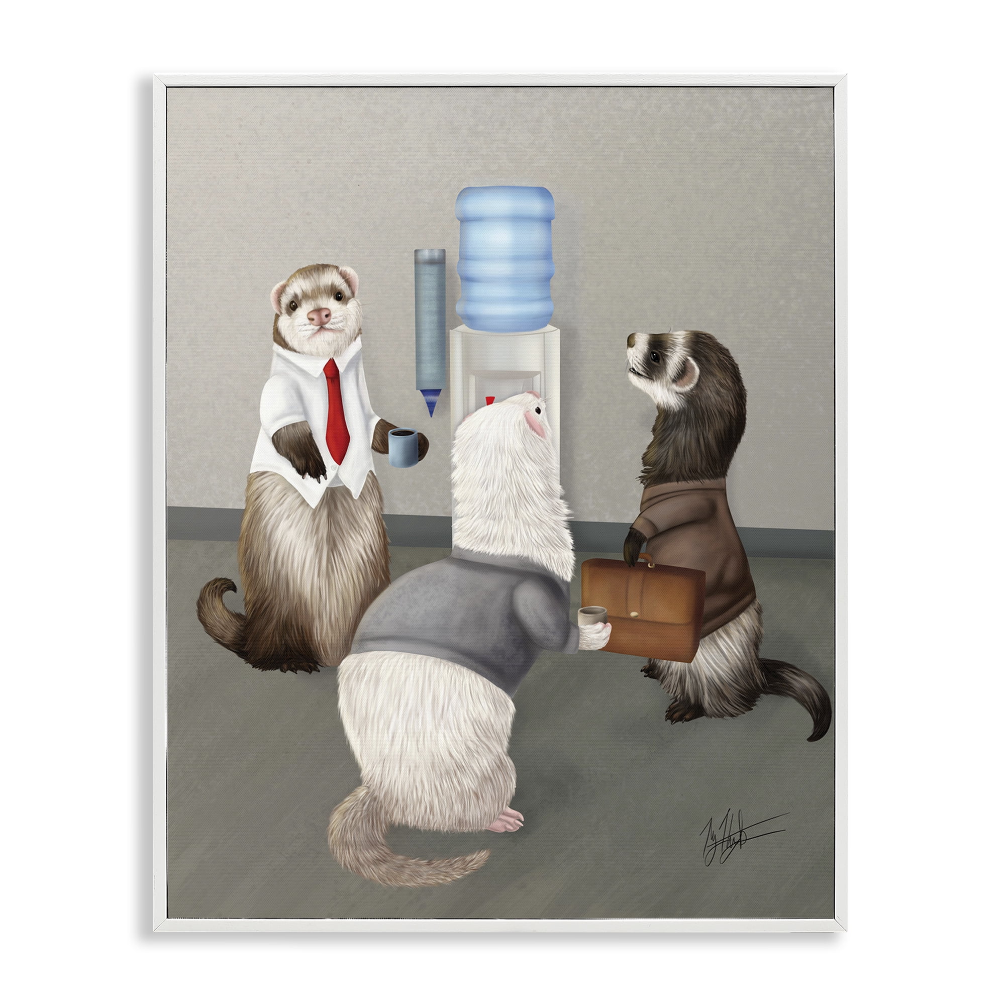 Stupell Industries Office Ferrets Water Cooler Animals & Insects Painting White Framed Art Print Wall Art, 16 x 20