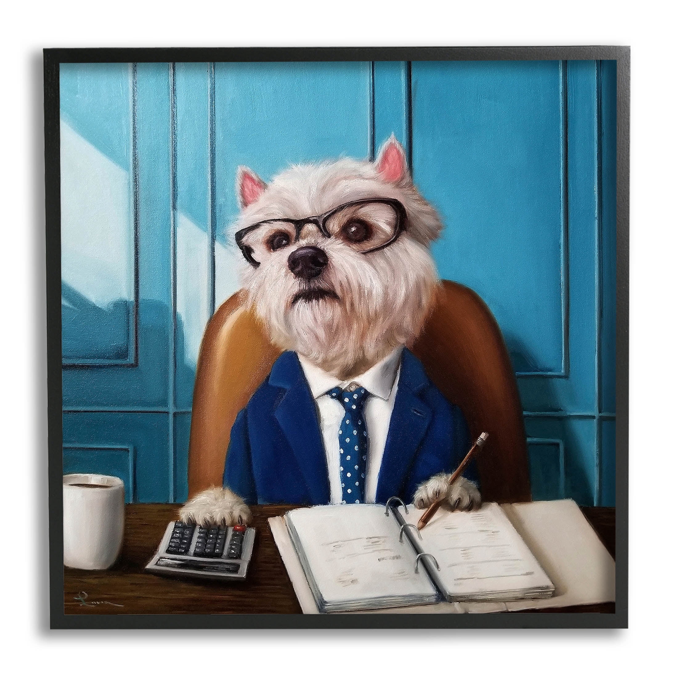 Stupell Industries Office Worker Terrier Dog Painting Black Framed Art Print Wall Art, Design by Lucia Heffernan