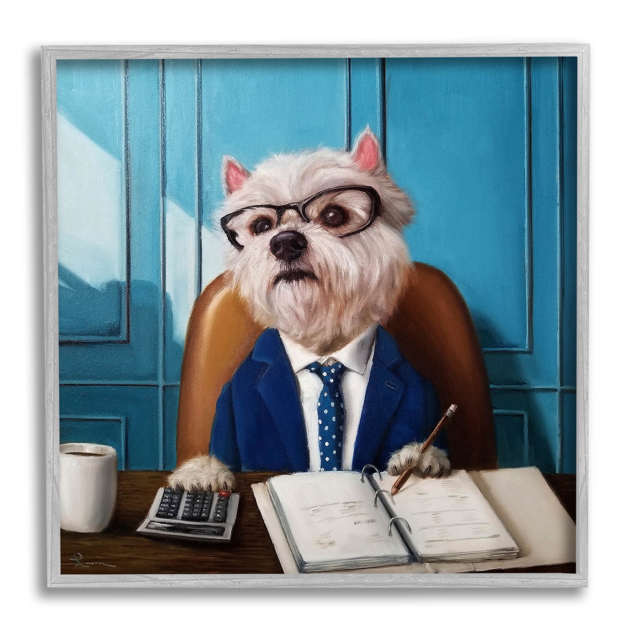 Stupell Industries Office Worker Terrier Dog Painting Gray Framed Art Print Wall Art, Design by Lucia Heffernan