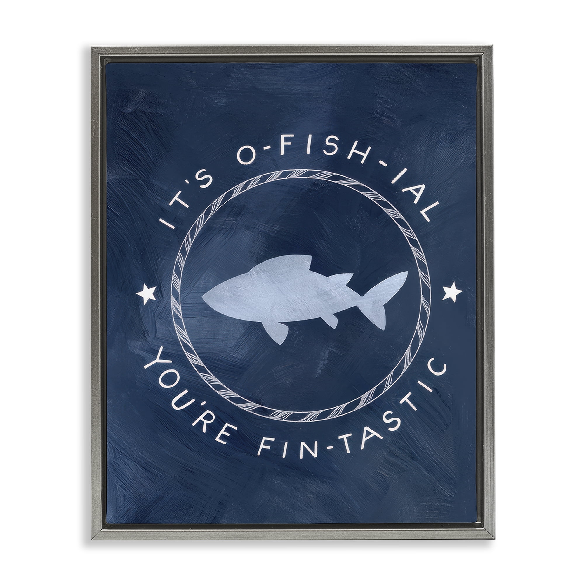 Stupell Industries Officially Fantastic Fish Pun Nautical & Beach Painting Gray Floater Framed Canvas Art Print Wall Art, 17 x 21