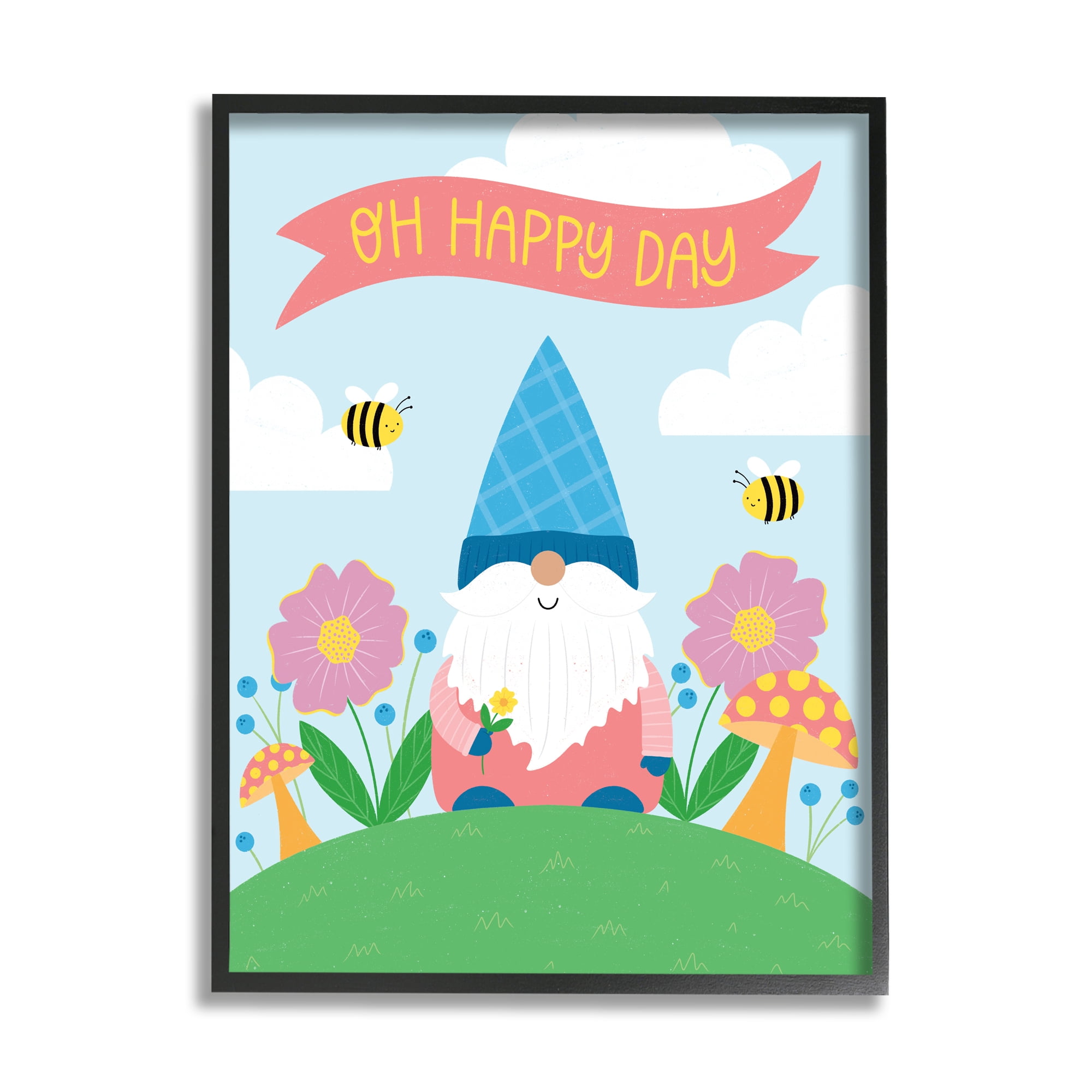 Oh Happy Day Garden Gnome Flowers Mushrooms Bees Botanical & Floral Graphic Art Framed Art Print Wall Art
