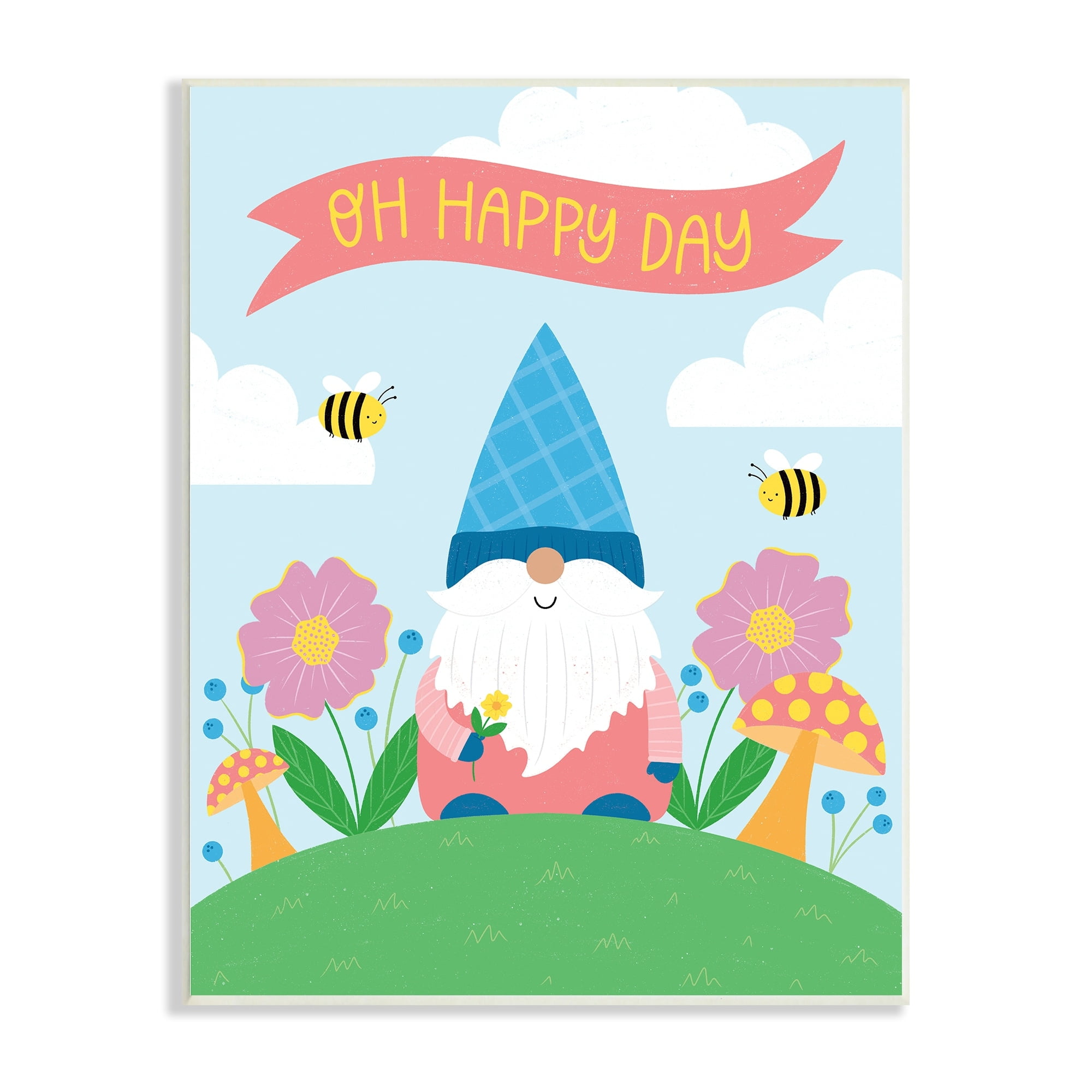 Stupell Industries Oh Happy Day Garden Gnome Flowers Mushrooms Bees Wood Wall Art, 10 x 15, Design by Jalynn Heerdt
