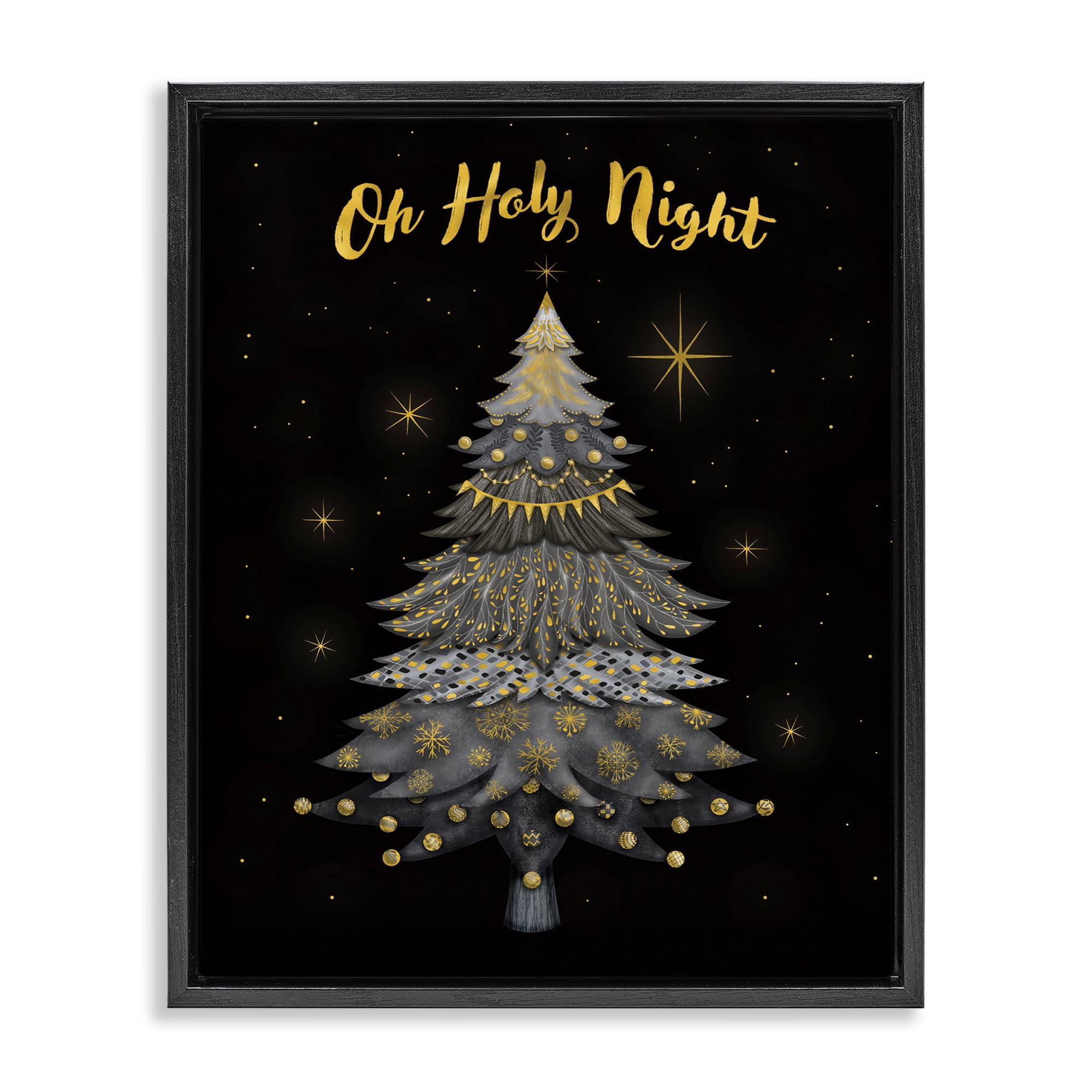 Stupell Industries Oh Holy Night Winter Tree Holiday Painting Black Floater Framed Canvas Art Print Wall Art, 25 x 31