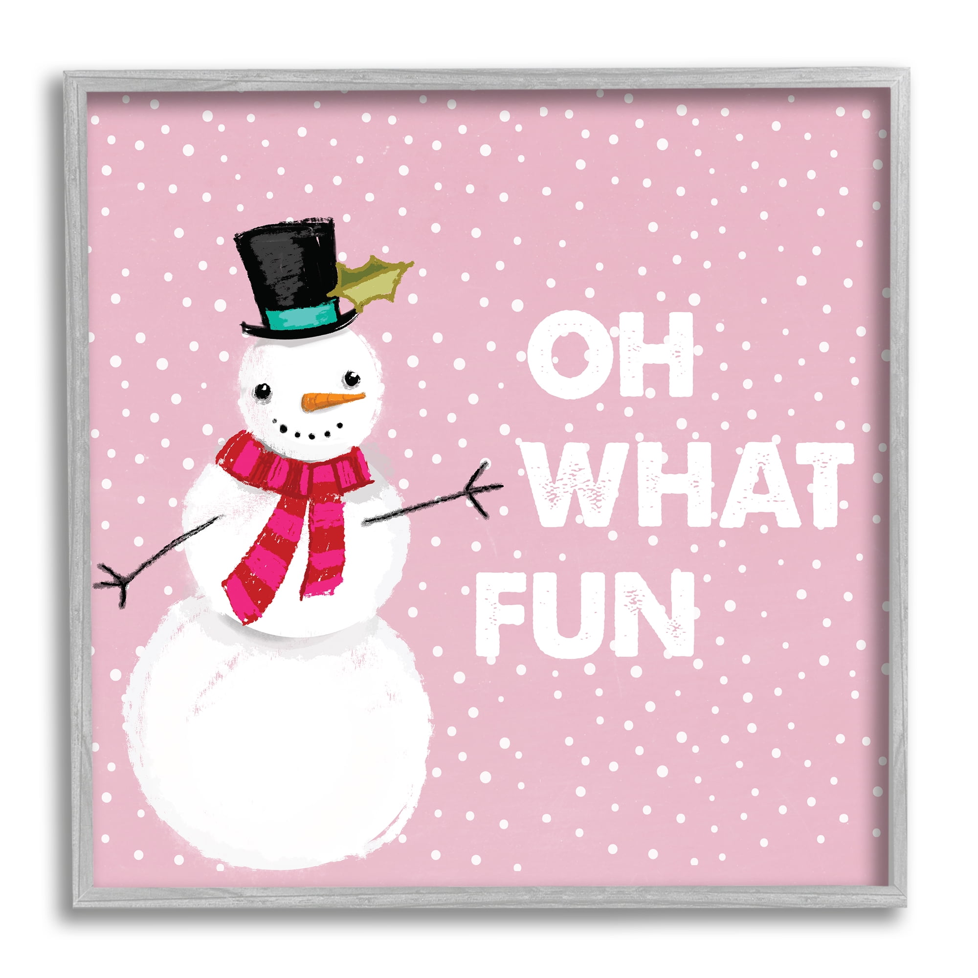 Stupell Industries Oh What Fun Pink Snowman Holiday Painting Gray Framed Art Print Wall Art, 17 x 17