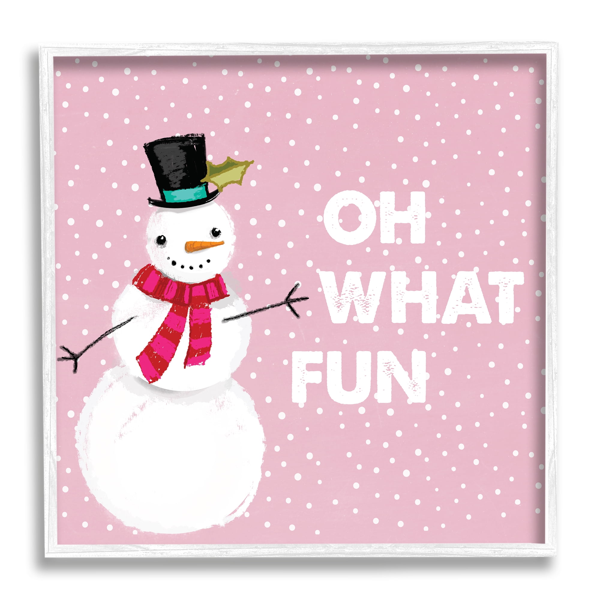 Stupell Industries Oh What Fun Pink Snowman Holiday Painting White Framed Art Print Wall Art, 12 x 12