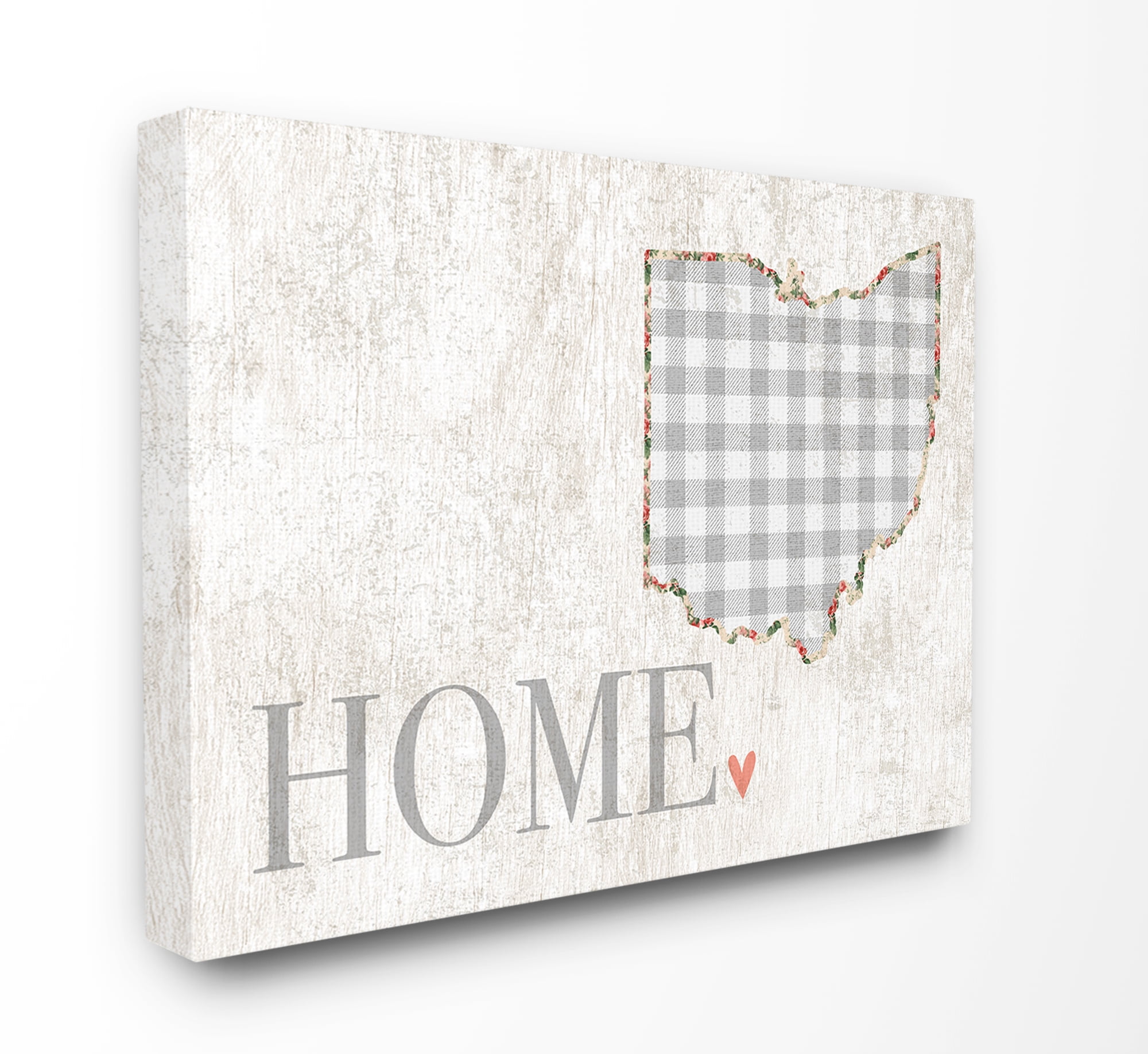 Stupell Industries Ohio Grey Gingham and Floral Heart and Home Town & City Painting Gallery Wrapped Canvas Art Print Wall Art, 30 x 40