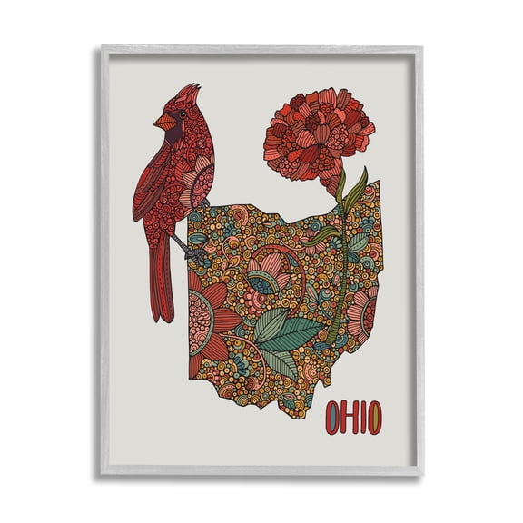 Stupell Industries Ohio State Carnation Blossom Intricate Floral Cardinal Graphic Art Gray Framed Art Print Wall Art, Design by Valentina Harper