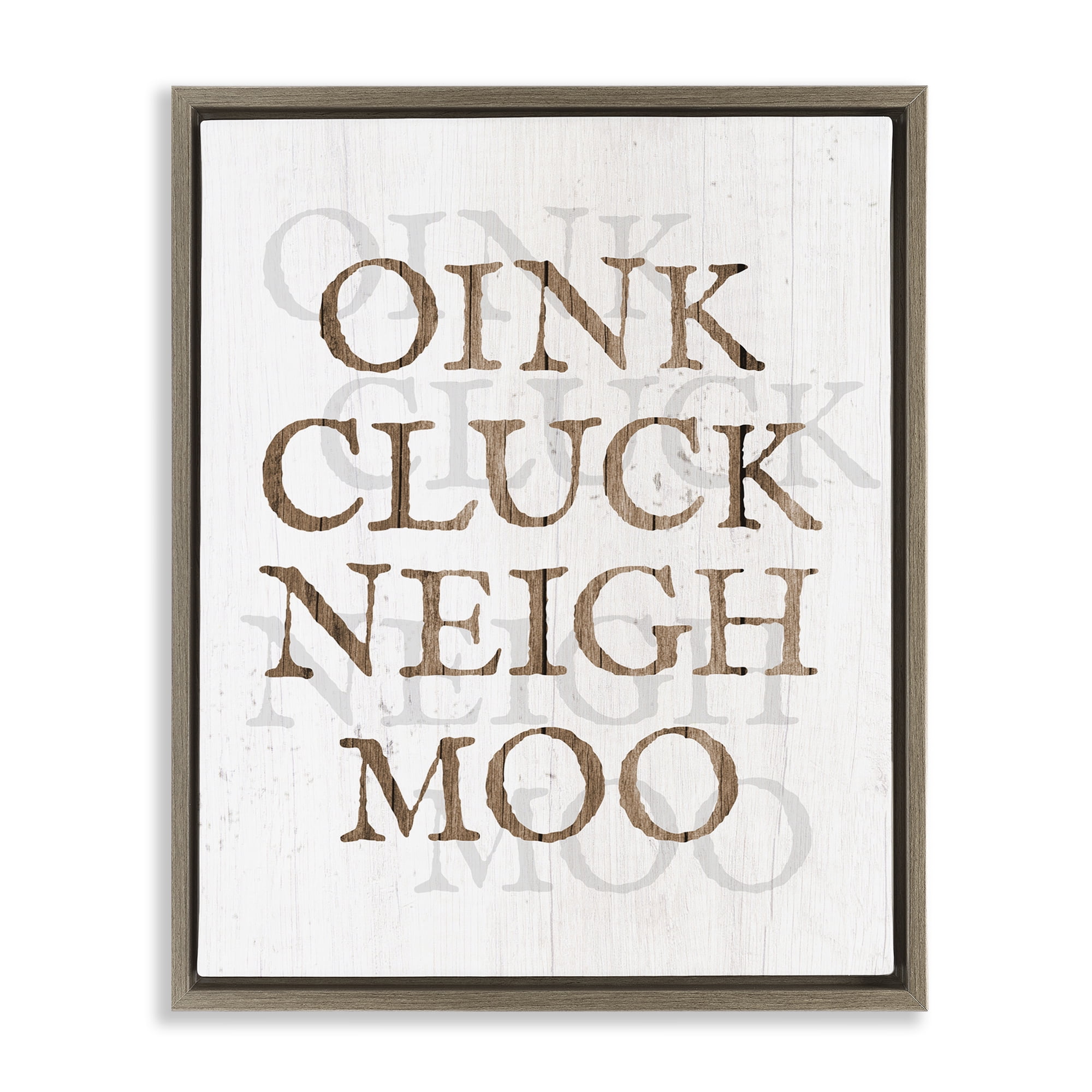 Stupell Industries Oink Cluck Neigh Moo Typography Painting Brown Floater Framed Canvas Art Print Wall Art, 17 x 21
