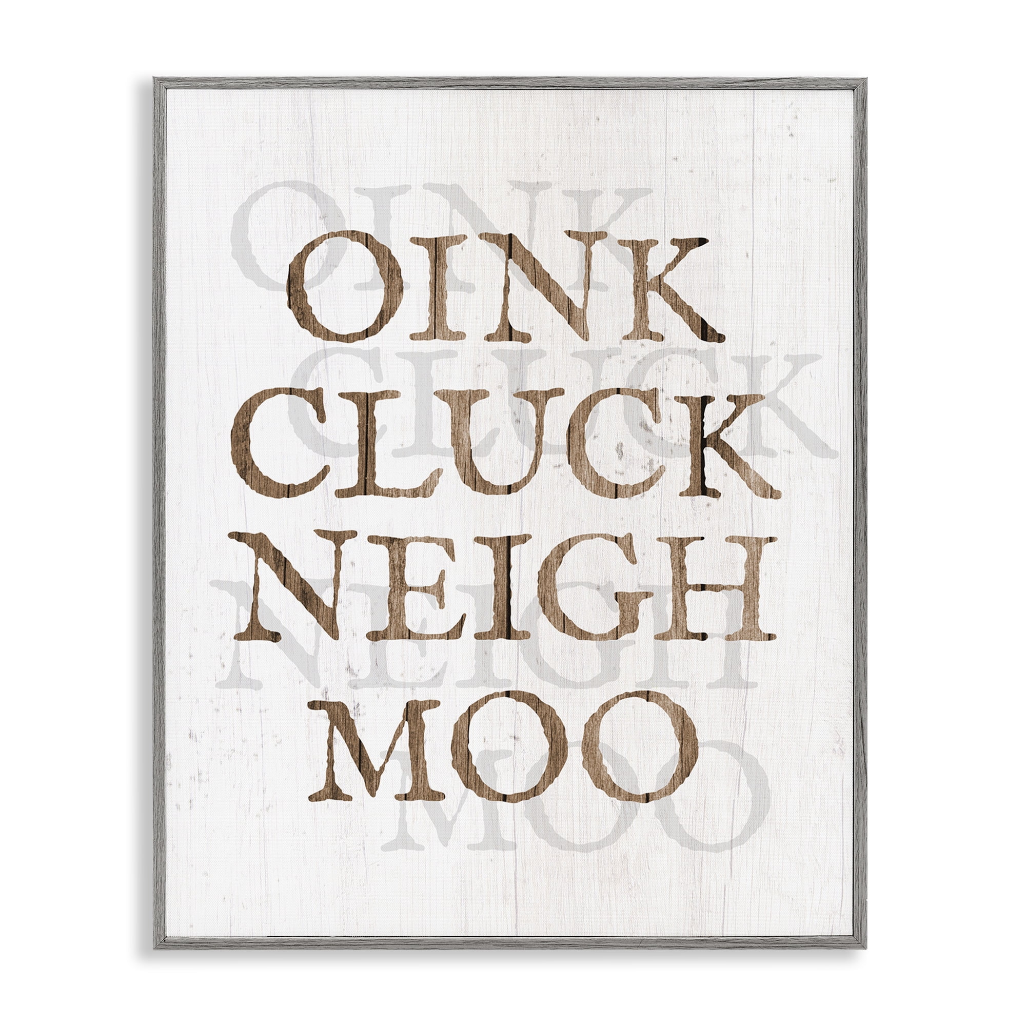 Stupell Industries Oink Cluck Neigh Moo Typography Painting Gray Framed Art Print Wall Art, 11 x 14