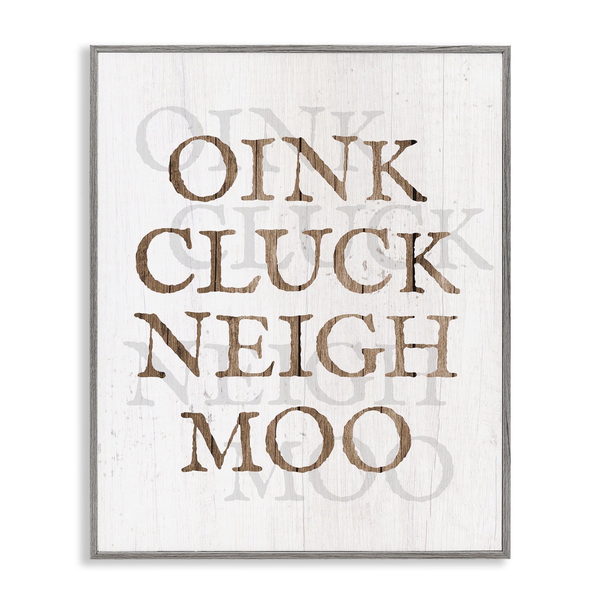 Stupell Industries Oink Cluck Neigh Moo Typography Painting Gray Framed Art Print Wall Art, 24 x 30
