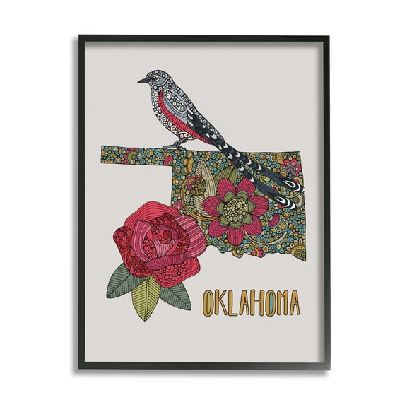 Stupell Industries Oklahoma State Bird & Flower Detailed Floral Pattern Graphic Art Black Framed Art Print Wall Art, Design by Valentina Harper