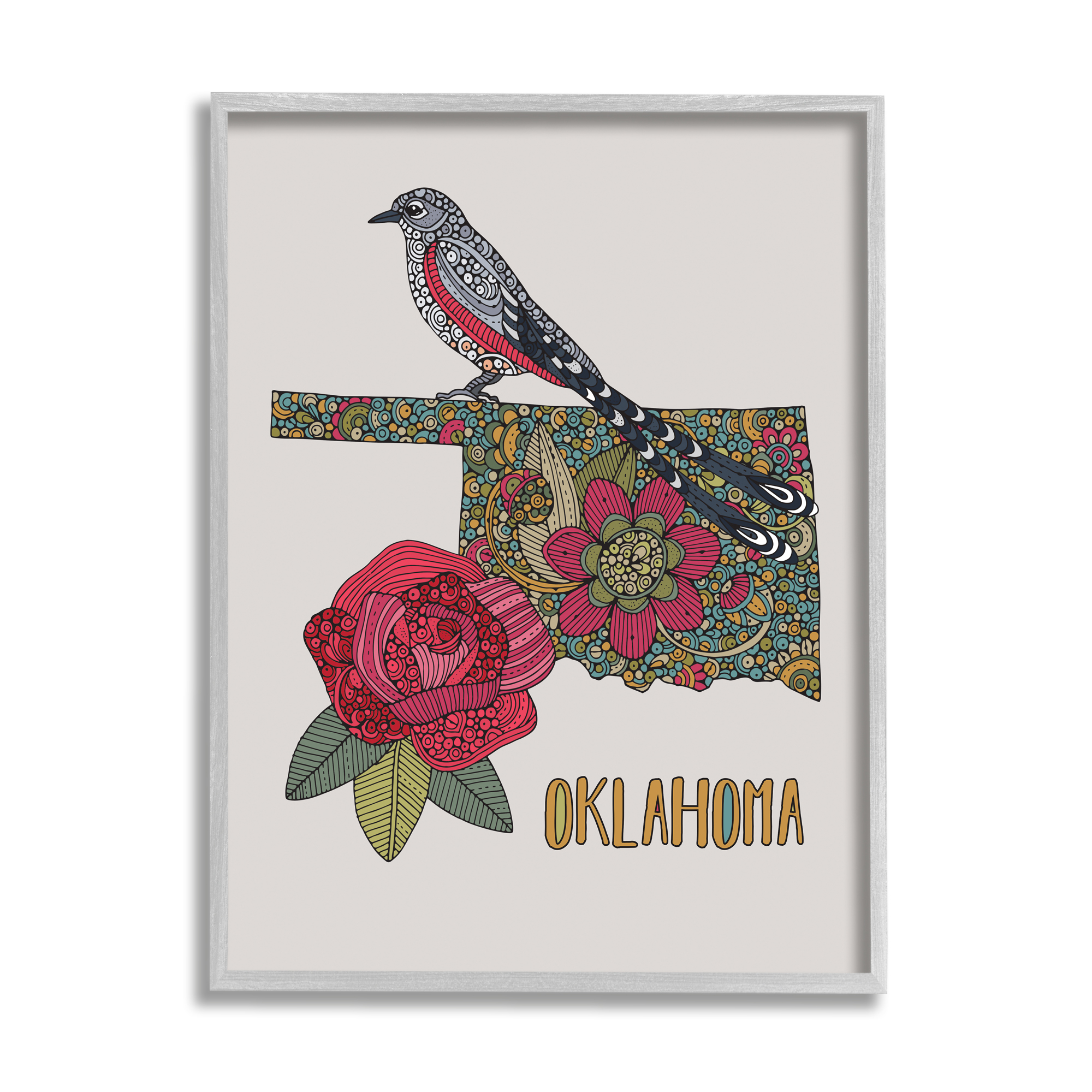 Stupell Industries Oklahoma State Bird & Flower Detailed Floral Pattern Graphic Art Gray Framed Art Print Wall Art, Design by Valentina Harper