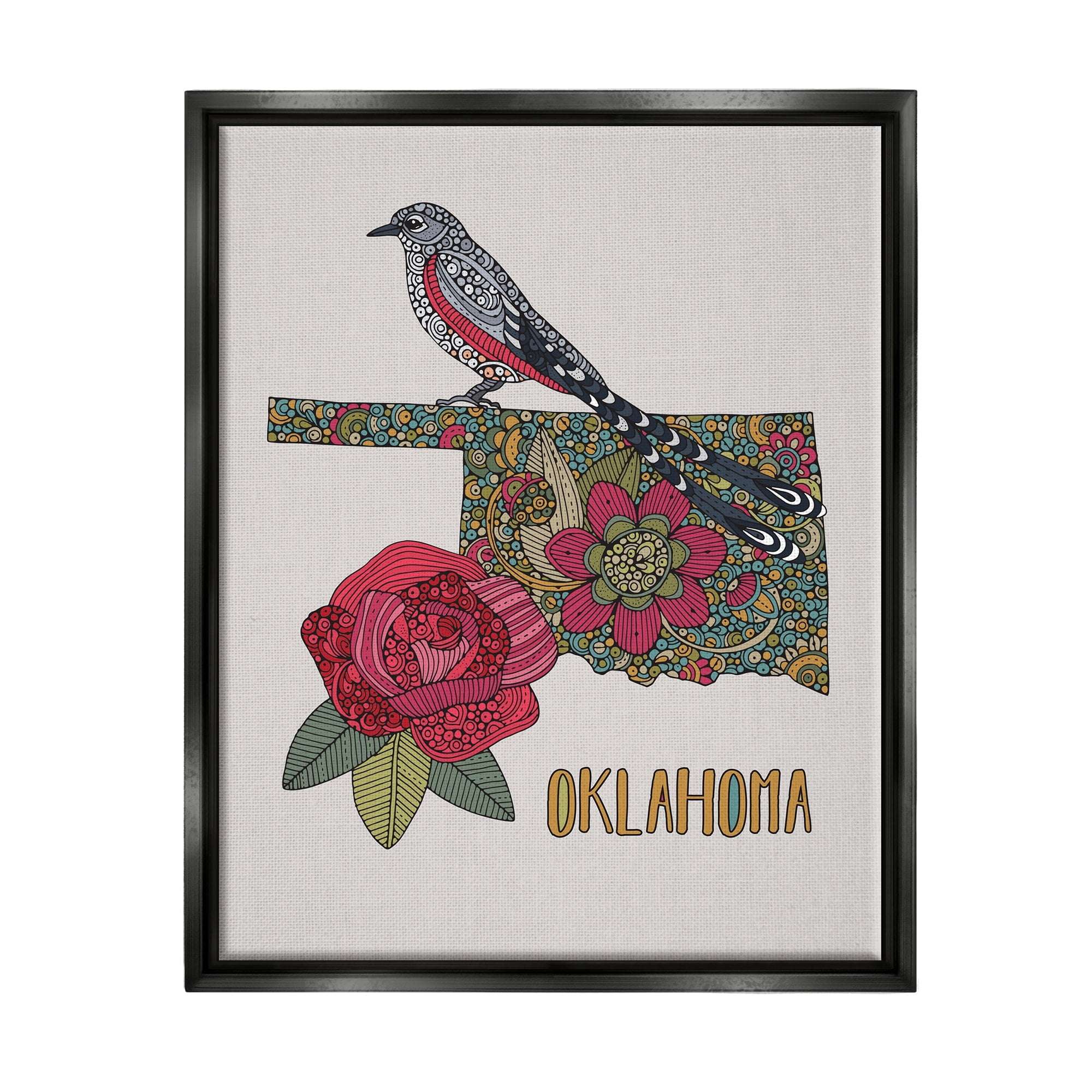 Stupell Industries Oklahoma State Bird & Flower Detailed Floral Pattern Graphic Art Jet Black Floating Framed Canvas Print Wall Art, Design by Valentina Harper