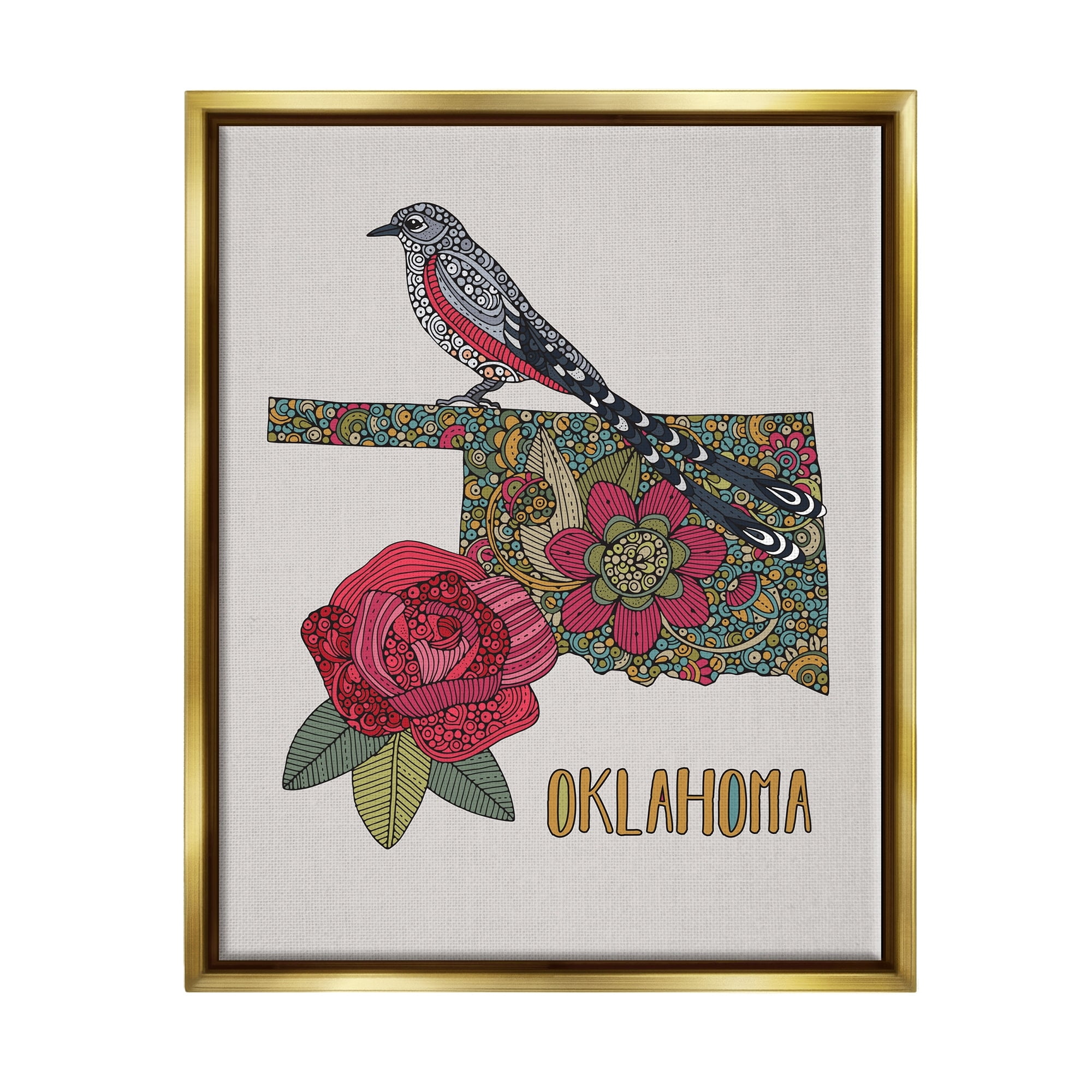 Stupell Industries Oklahoma State Bird & Flower Detailed Floral Pattern Graphic Art Metallic Gold Floating Framed Canvas Print Wall Art, Design by Valentina Harper