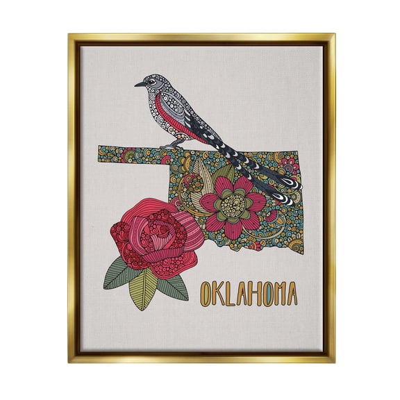 Stupell Industries Oklahoma State Bird & Flower Detailed Floral Pattern Graphic Art Metallic Gold Floating Framed Canvas Print Wall Art, Design by Valentina Harper