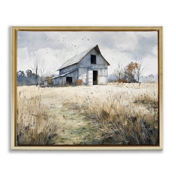 Stupell Industries Farmhouse Old Blue Barn in Farmland Gold Floating Frame Canvas Art, 31 x 25, by Franklyn Gregory