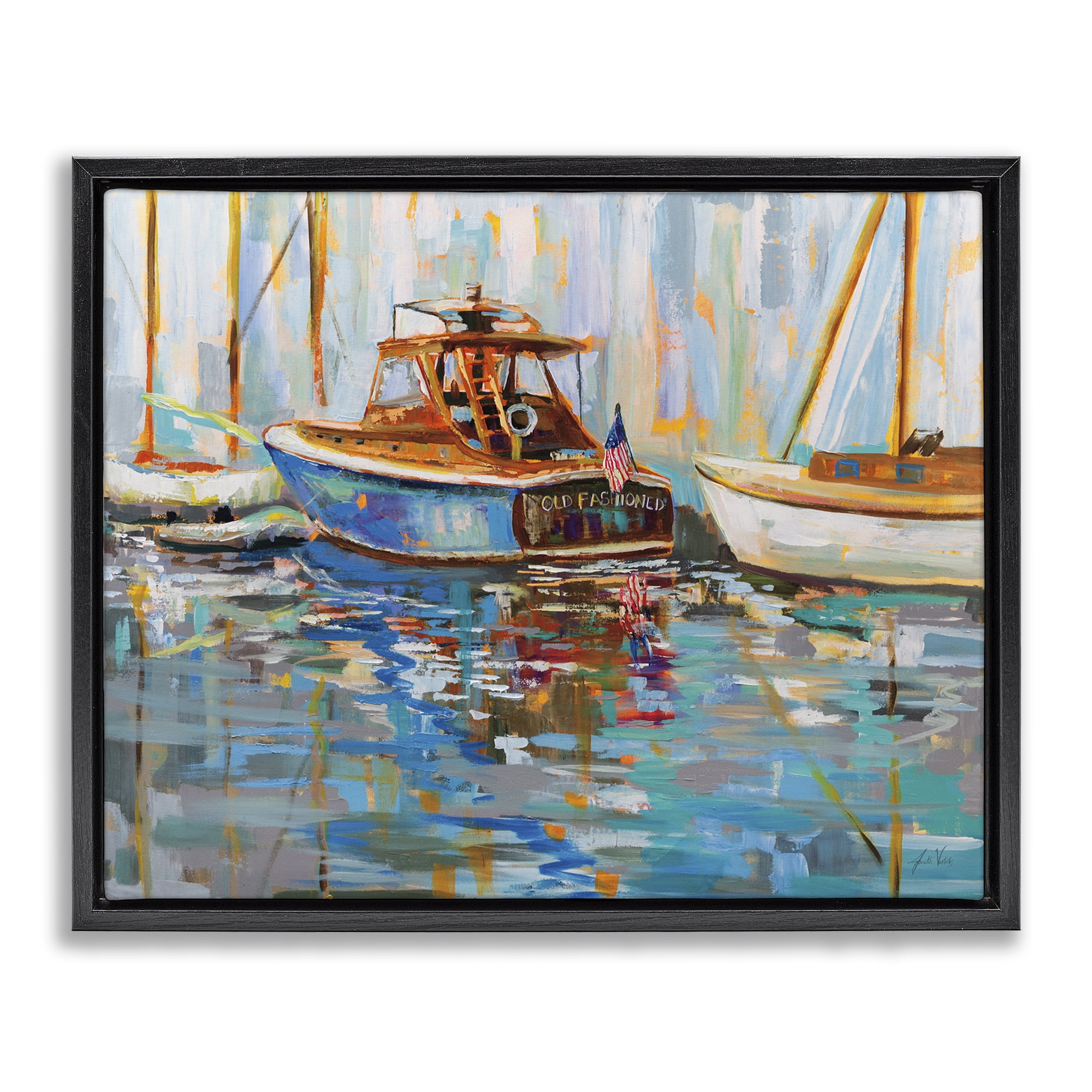 Stupell Industries Old Fashioned Boat Harbor Nautical & Beach Painting Black Floater Framed Canvas Art Print Wall Art, 31 x 25