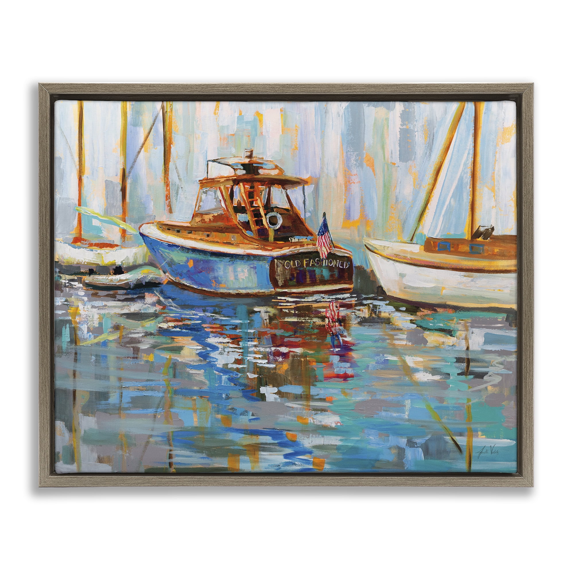 Stupell Industries Old Fashioned Boat Harbor Nautical & Beach Painting Brown Floater Framed Canvas Art Print Wall Art, 31 x 25