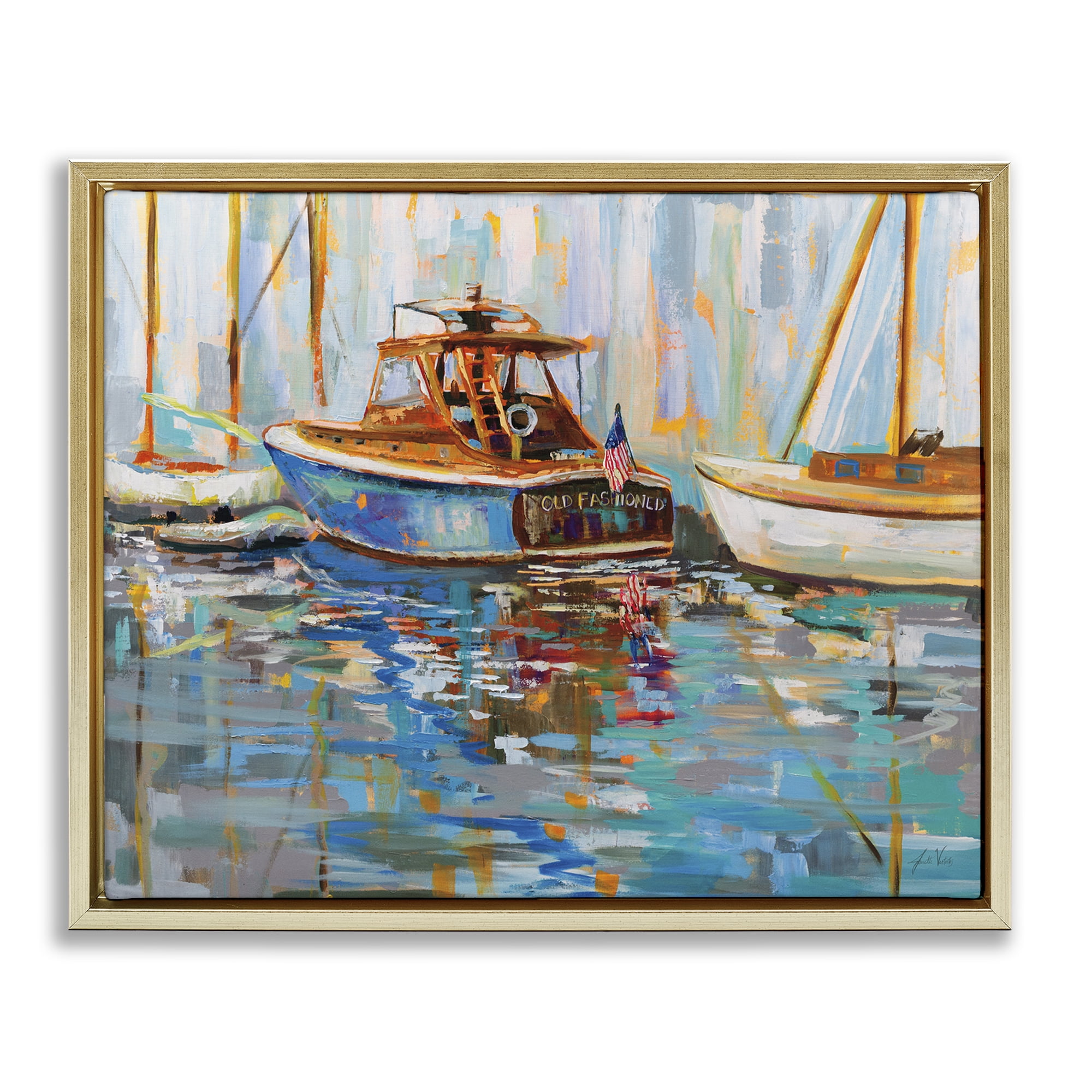 Stupell Industries Old Fashioned Boat Harbor Nautical & Beach Painting Gold Floater Framed Canvas Art Print Wall Art, 31 x 25