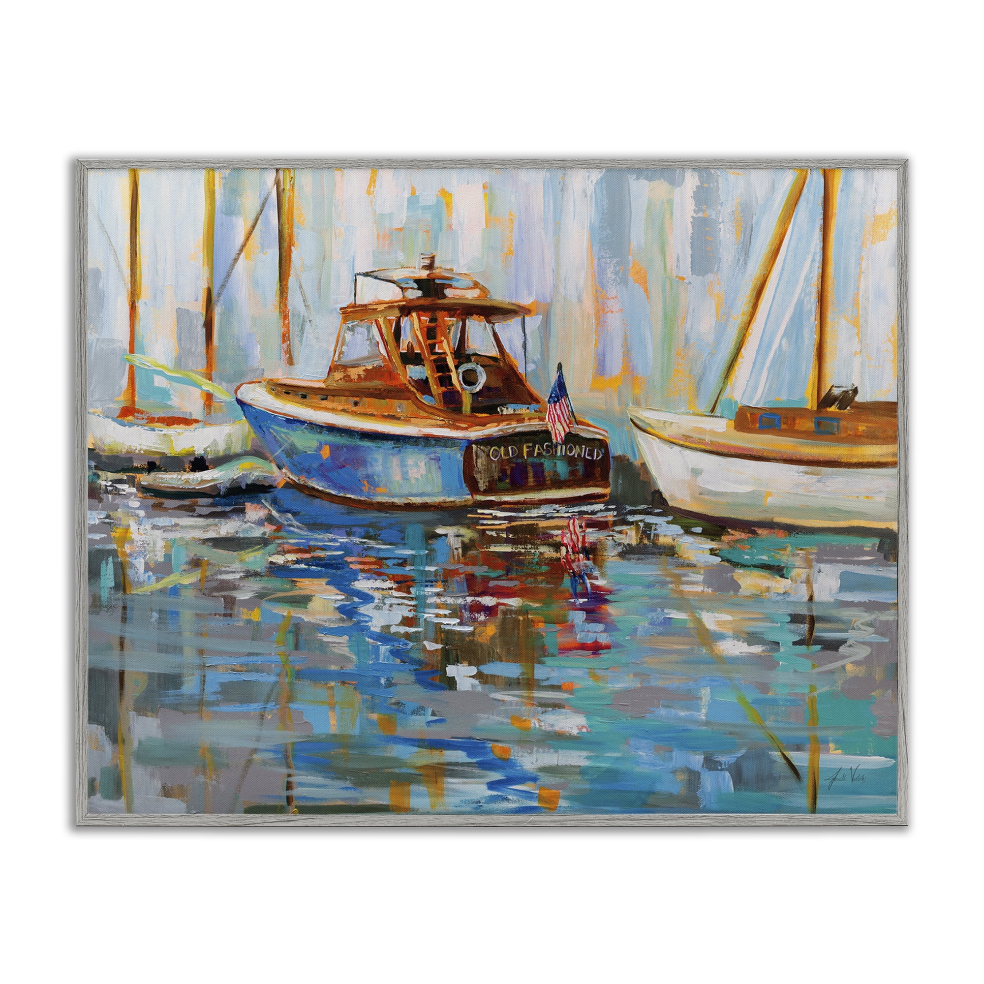Stupell Industries Old Fashioned Boat Harbor Nautical & Beach Painting Gray Framed Art Print Wall Art, 30 x 24