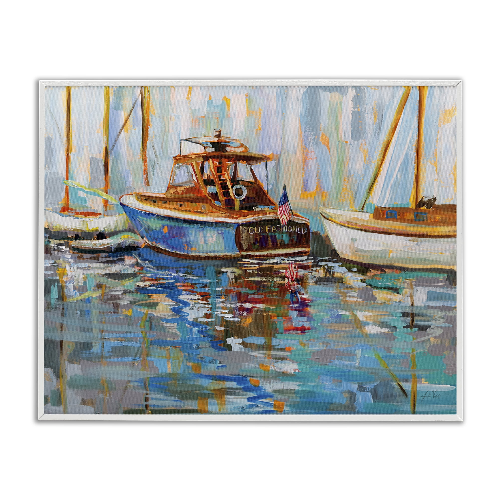 Stupell Industries Old Fashioned Boat Harbor Nautical & Beach Painting White Framed Art Print Wall Art, 14 x 11