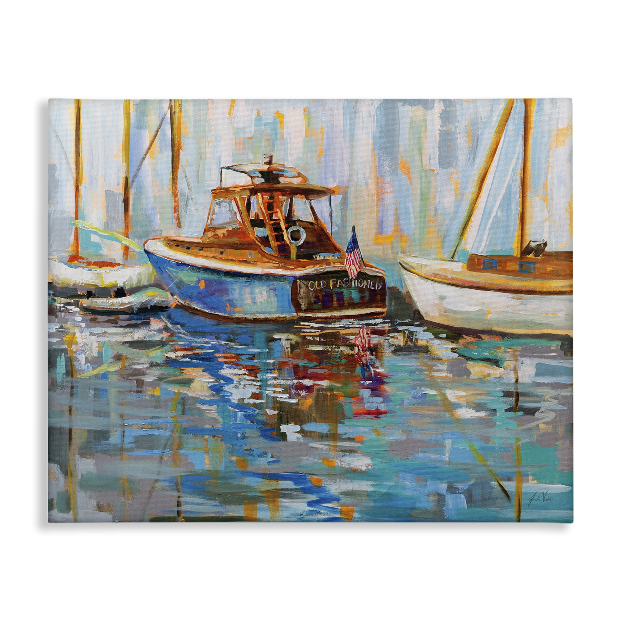 Stupell Industries Old Fashioned Boat Harbor Nautical & Beach Painting Wrapped Canvas Art Print Wall Art, 48 x 36