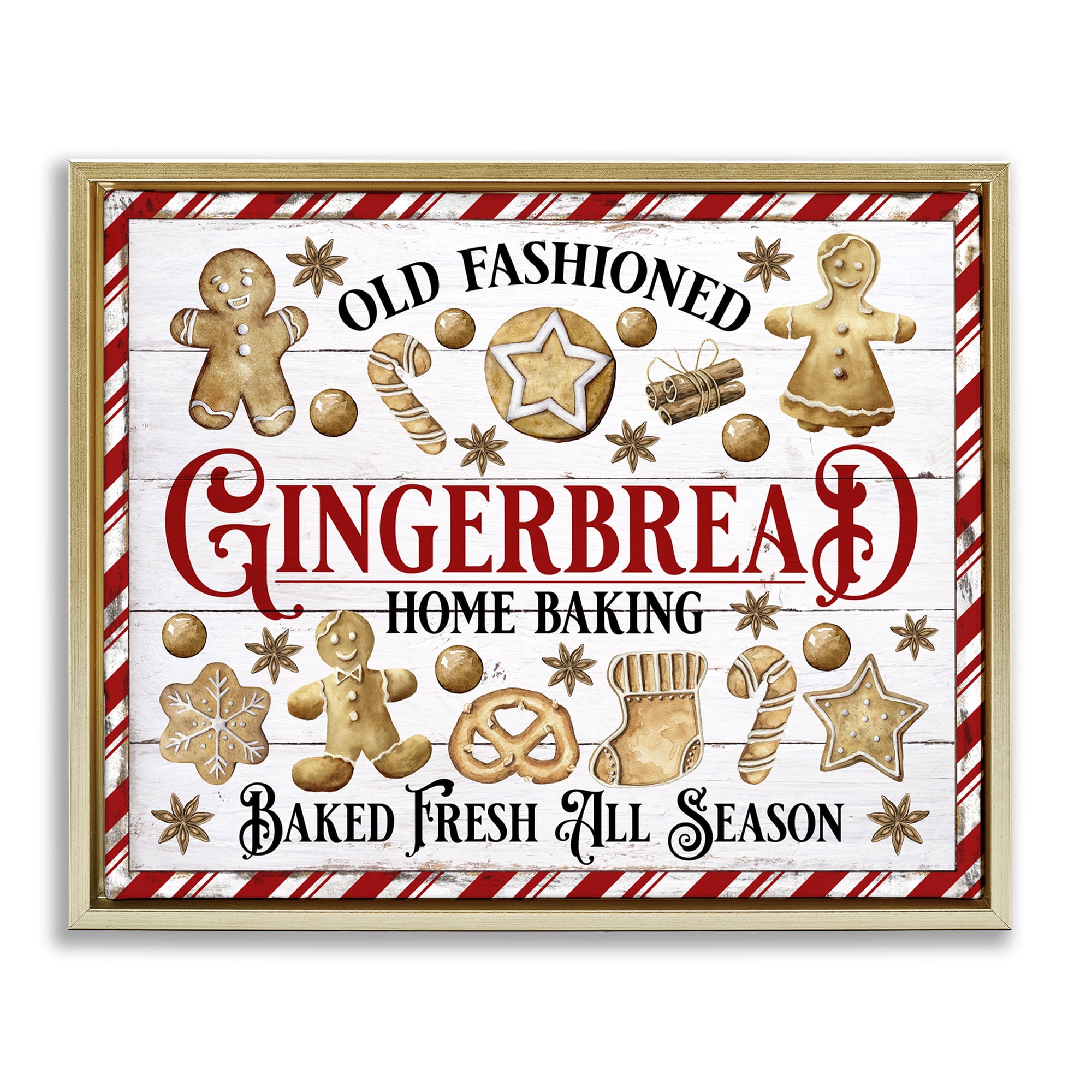 Stupell Industries Old Fashioned Gingerbread Holiday Painting Gold Floater Framed Canvas Art Prints Wall Art, 21 x 17