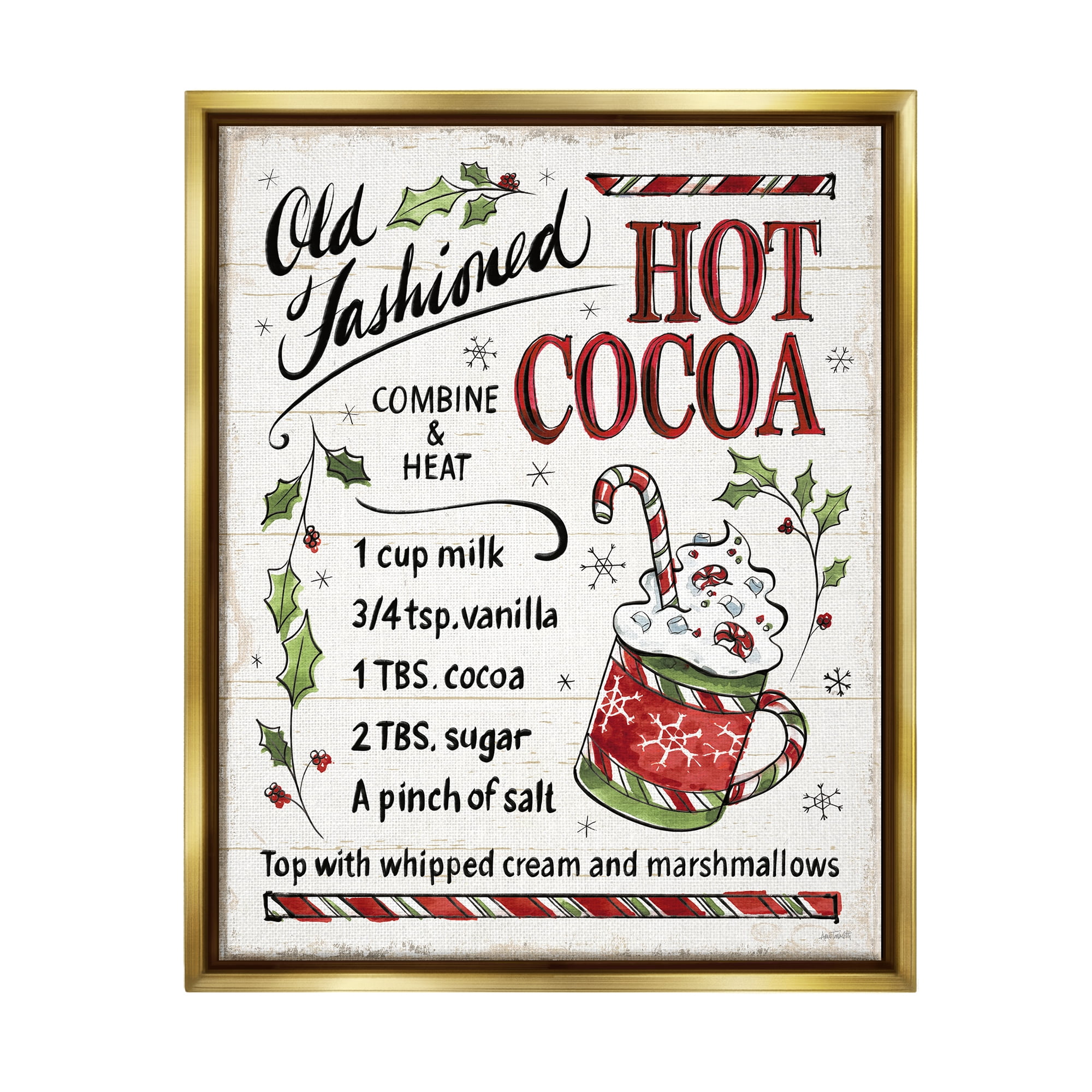 Stupell Industries Old Fashioned Hot Cocoa Holiday Cooking Instructions Metallic Gold Framed Floating Canvas Wall Art, 24x30, by Anne Tavoletti