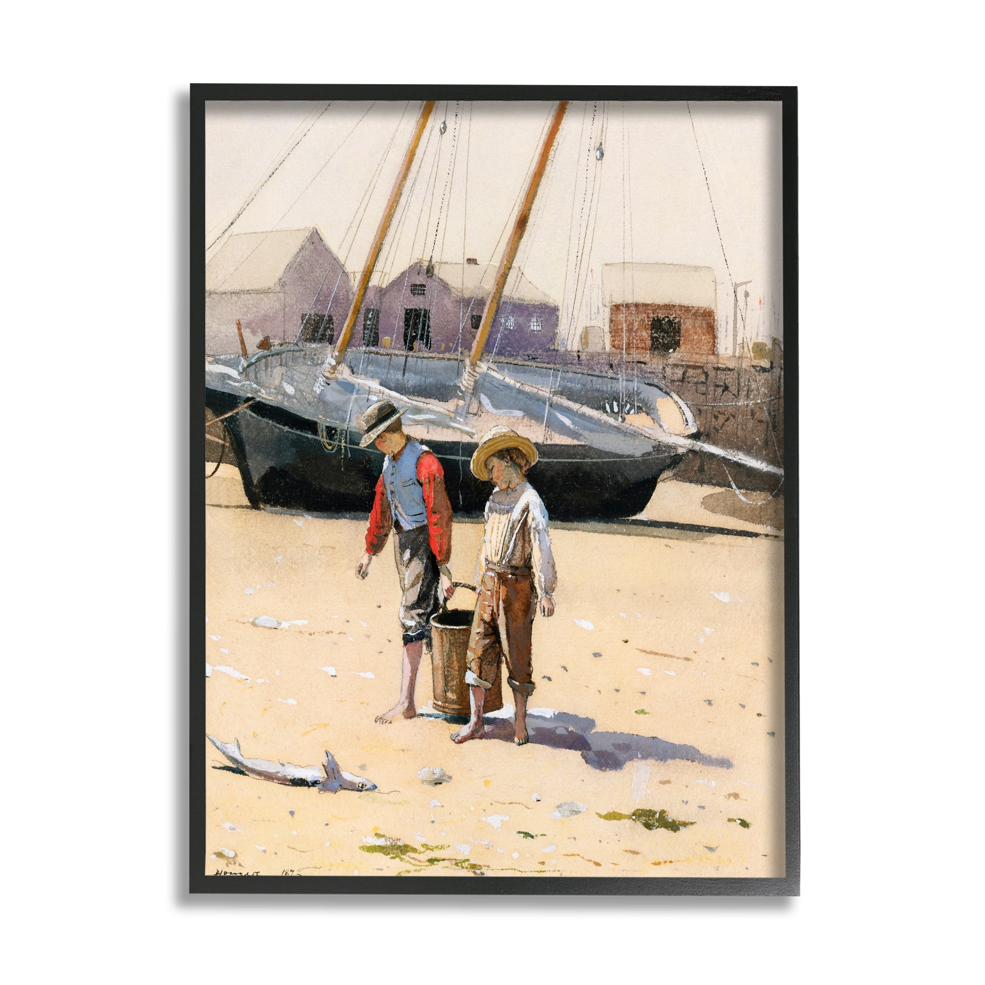 Stupell Industries Old Fashioned Man Woman Walking Beach Marina Painting Black Framed Art Print Wall Art, Design by Lettered and Lined