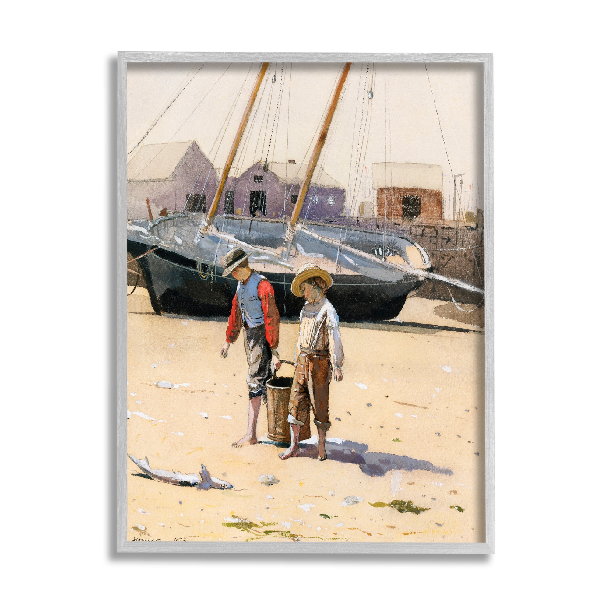 Stupell Industries Old Fashioned Man Woman Walking Beach Marina Painting Gray Framed Art Print Wall Art, Design by Lettered and Lined