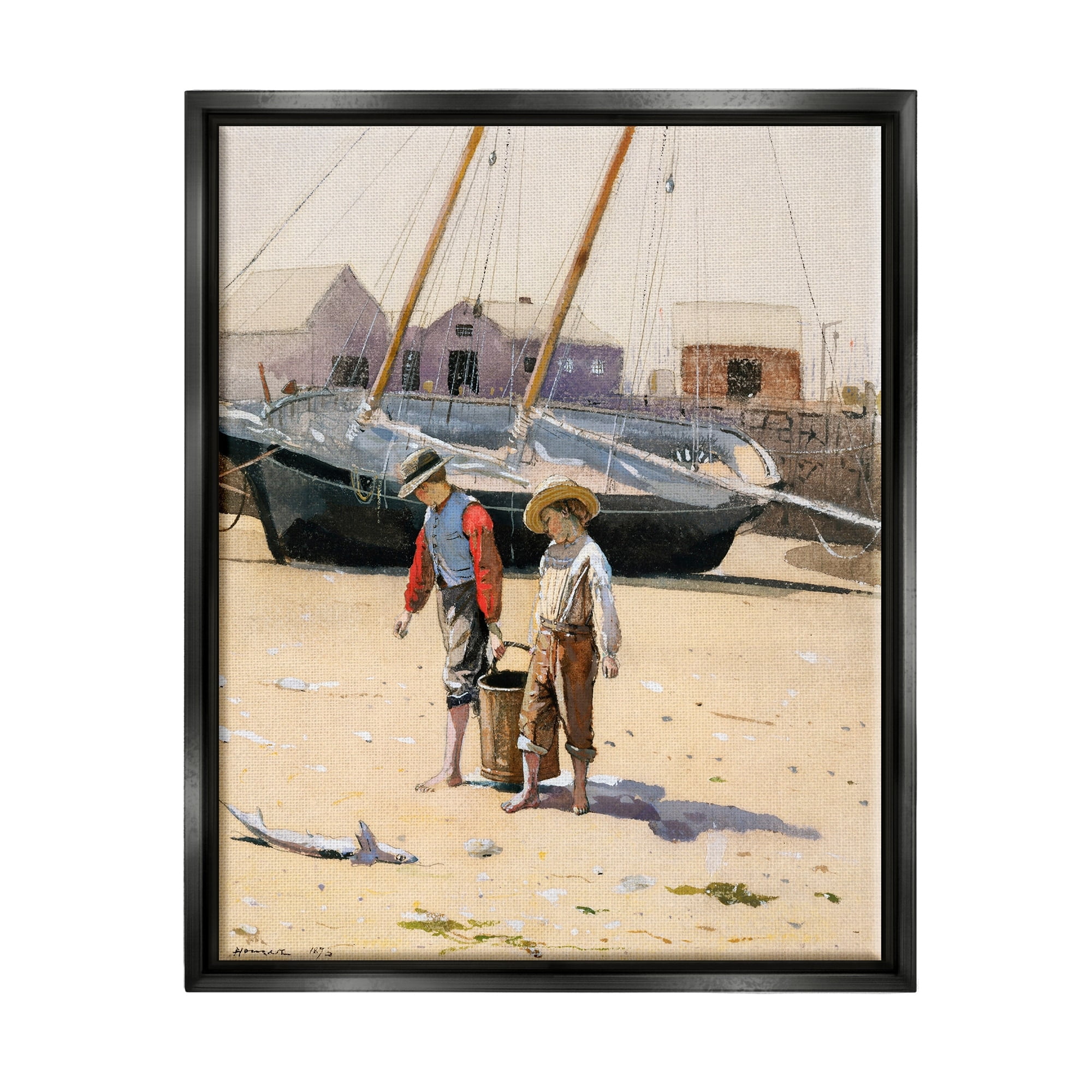 Stupell Industries Old Fashioned Man Woman Walking Beach Marina Painting Jet Black Floating Framed Canvas Print Wall Art, Design by Lettered and Lined
