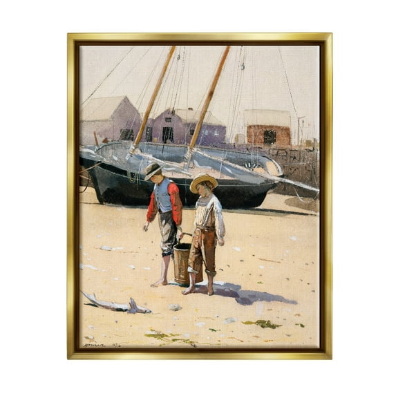 Stupell Industries Old Fashioned Man Woman Walking Beach Marina Painting Metallic Gold Floating Framed Canvas Print Wall Art, Design by Lettered and Lined