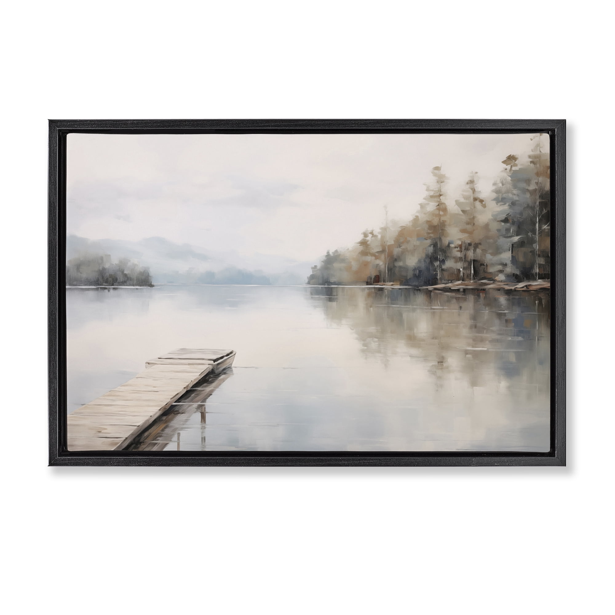Stupell Industries Old Lake Dock View Landscape & Nature Painting Black Floater Framed Canvas Art Print Wall Art, 25 x 17