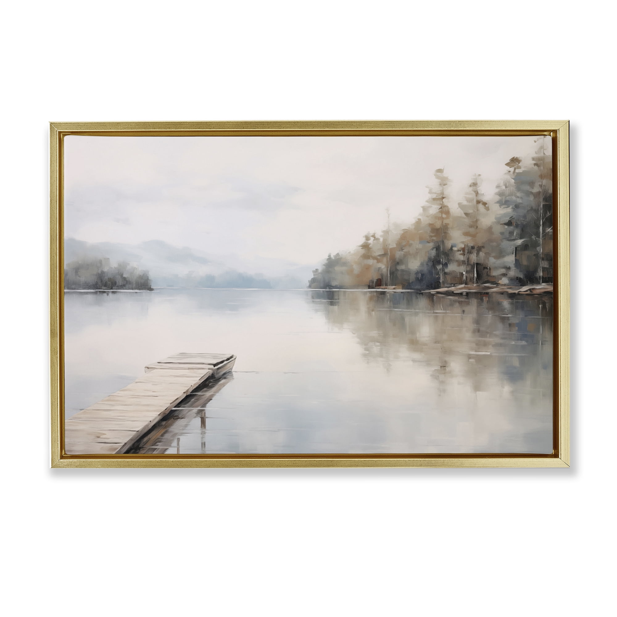 Stupell Industries Old Lake Dock View Landscape & Nature Painting Gold Floater Framed Canvas Art Print Wall Art, 25 x 17