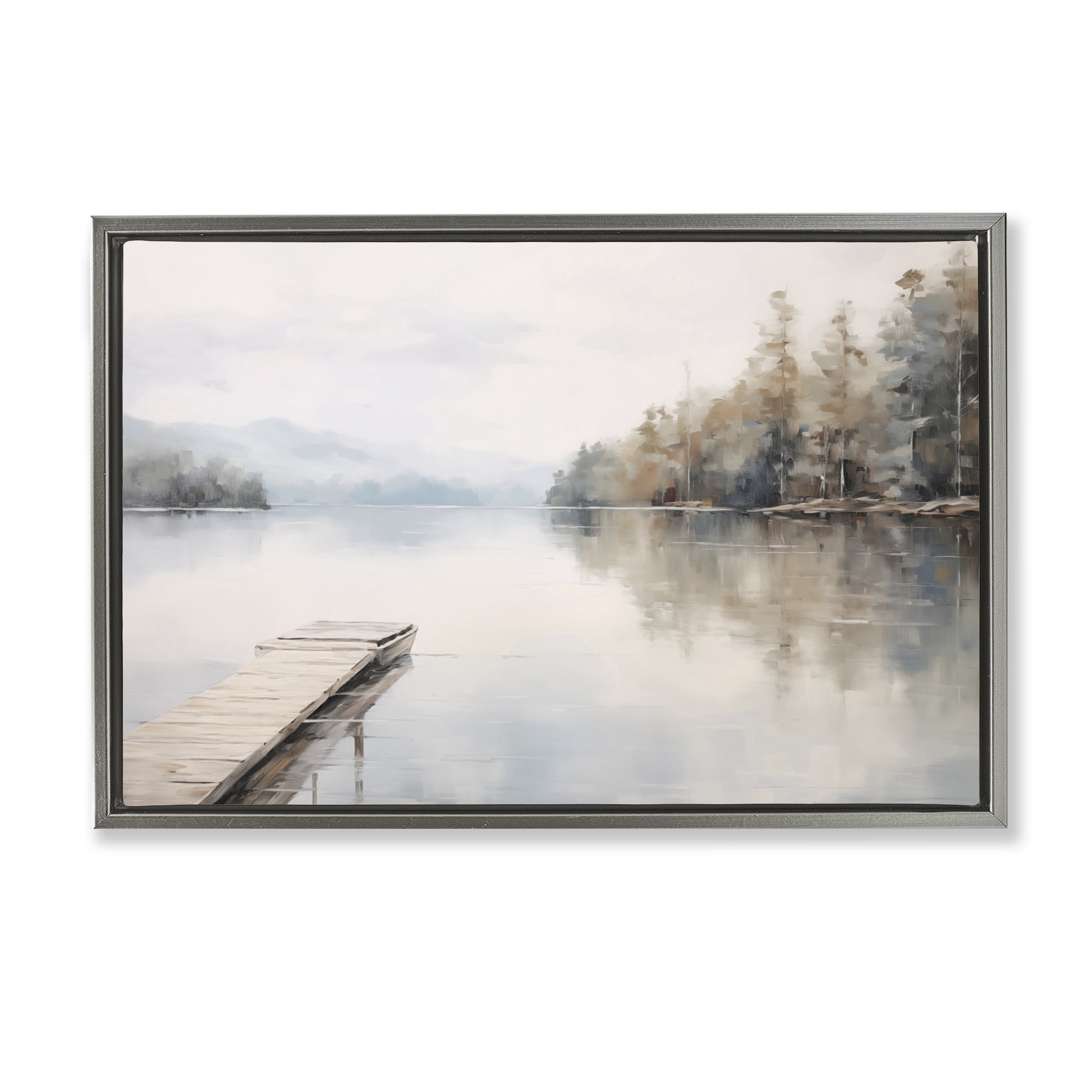 Stupell Industries Old Lake Dock View Landscape & Nature Painting Gray Floater Framed Canvas Art Print Wall Art, 31 x 21