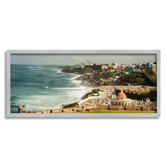 Stupell Industries Old San Juan Puerto Rico Coastal Landscape Photography Gray Framed Art Print Wall Art, 24x10, by Nick Saez